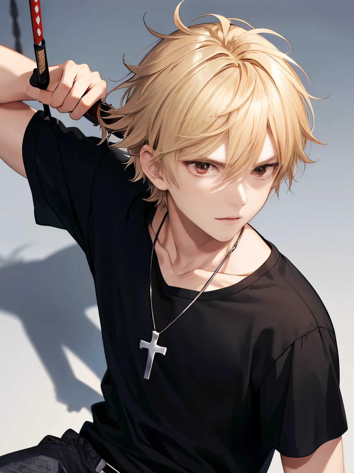 1 boy,18 years old,close up photo,Swinging a sword, HD face,Focus on face,cross necklace,handsome,messy hair,Perfect face, detailed face, short hair, blonde hair,half body photo,black t-shirt, short sleeve t-shirt,black trousers, red eyes, vampire
