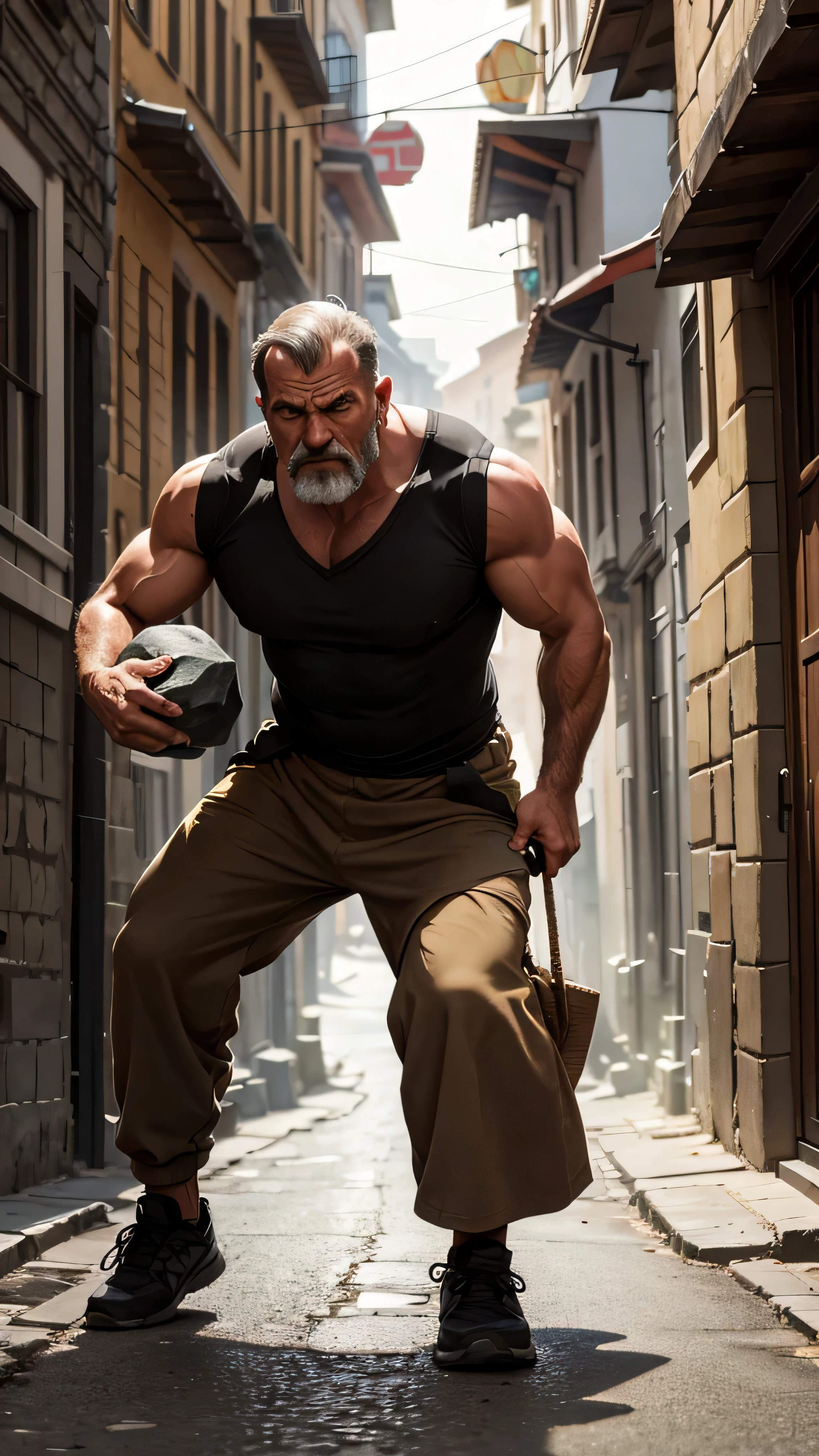 A masculine poor man in the old poor town street pushing a boulder on the streets way