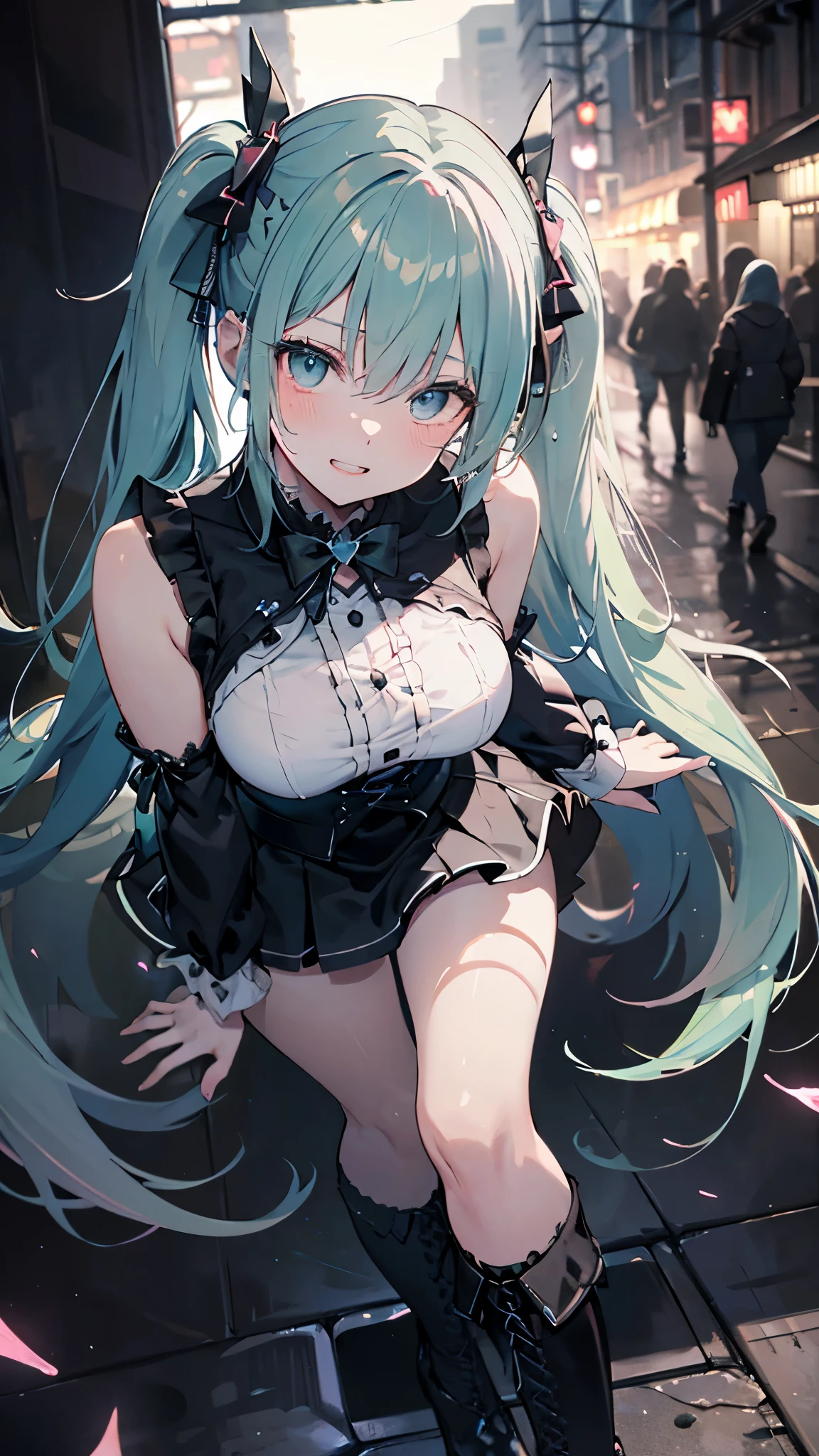 (Masterpiece,Super Detail,in 8K,best composition,moody lighting,photorealsitic,dynamic shot:1.5),Hatsune Miku,dangerous vampire,adult sexy body,light blue twin tail,smile slightly,double teeth,small pink heart painting on cheek,pink and black color gothic dress fashion,very delicate details jirai-kei fashion,black platform high-boots,beautiful long legs,beautiful big tits,sexy pose,downtown at midnight,a lot of neon lights,hustle and bustle of the city