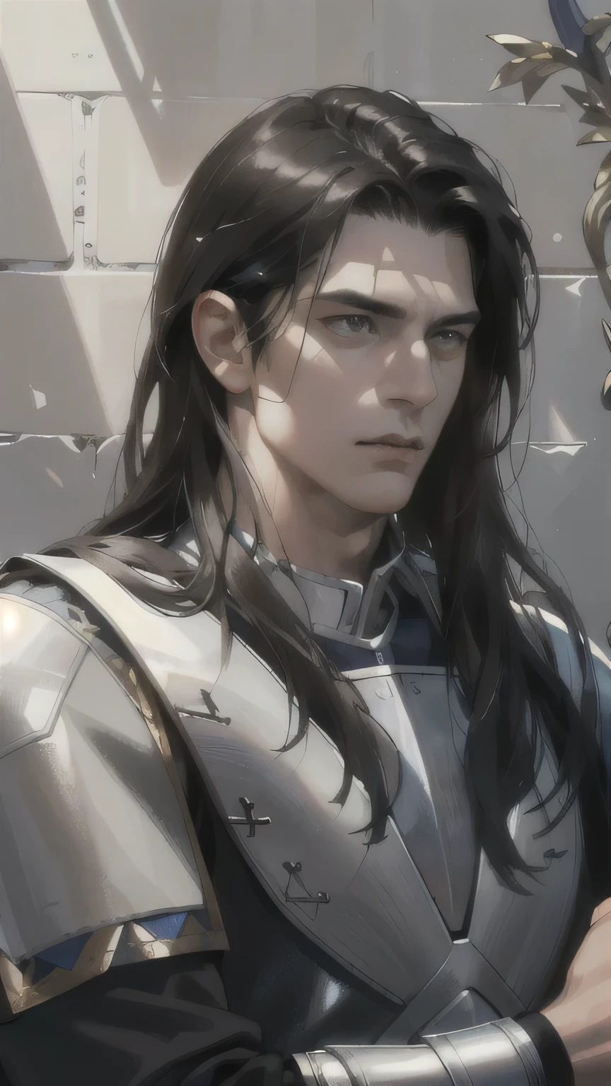(Best quality,4K,8K,a high resolution,masterpiece:1.2),ultra detailed,(Realistic,photoRealistic,photo-Realistic:1.37),man, 38 years, Knight in White Armor, spearman, black long hair,spearman,indifferent expression on his face,dreamy,Historic,medieval,heroic,epic,Majestic lighting,subtle shadows,Contrasting colors