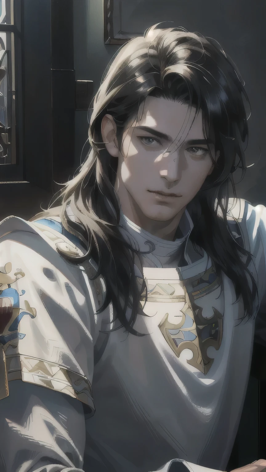 (Best quality,4K,8K,a high resolution,masterpiece:1.2),ultra detailed,(Realistic,photoRealistic,photo-Realistic:1.37),man, 38 years, Knight in White Armor, spearman, black long hair,spearman,indifferent expression on his face,dreamy,Historic,medieval,heroic,epic,Majestic lighting,subtle shadows,Contrasting colors