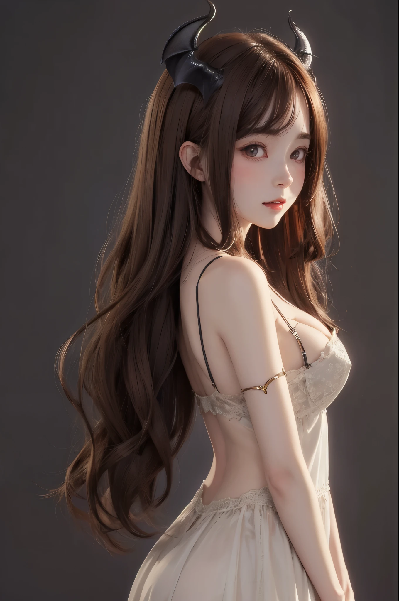 good quality, illustration, ((cute succubus)), brown hair, pale skin, middle hair, open dress side breasts, embarrassed , from side, simple background