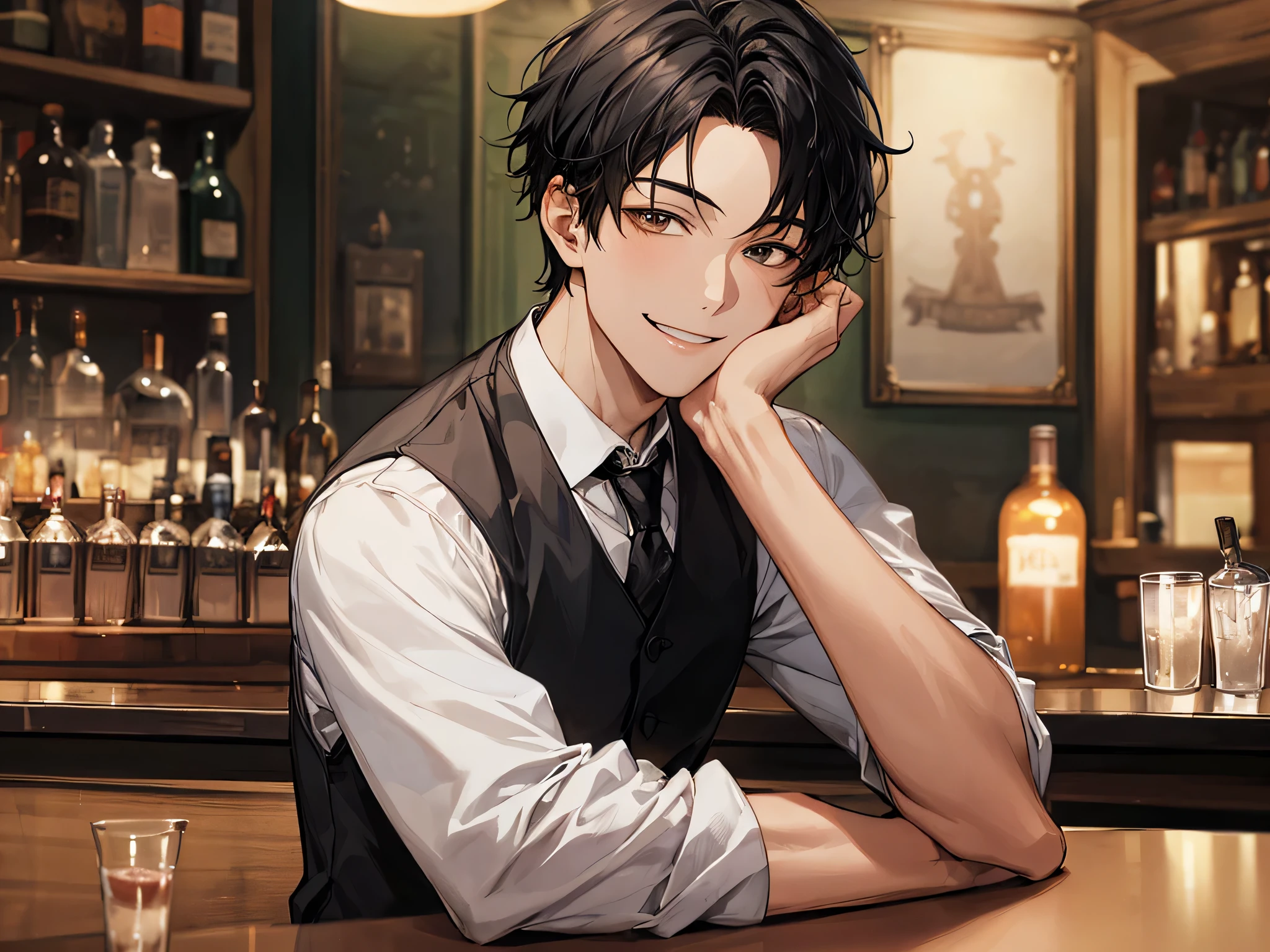 masterpiece, highest quality,portrait,1 male, black hair, alone, Bar waitress,smile