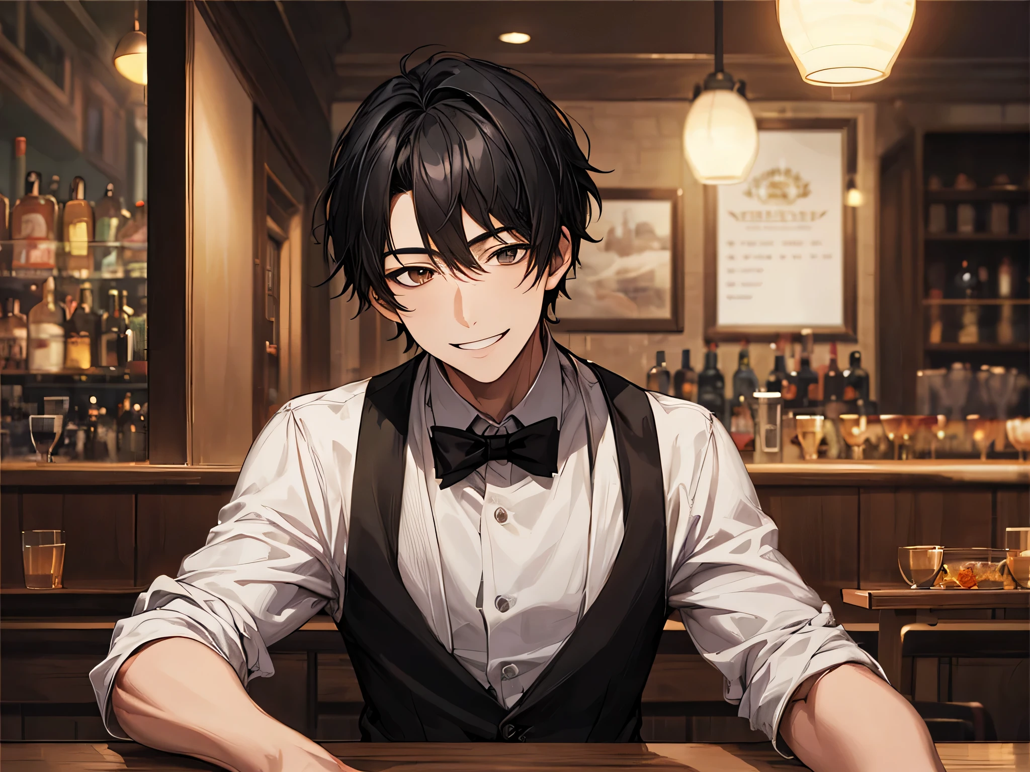 masterpiece, highest quality,portrait,1 male, black hair, alone, Bar waitress,smile