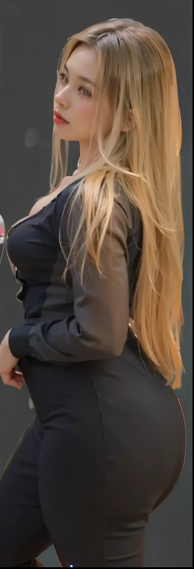 Uma mulher de lado, mostrando a bunda empinada, muito linda, cabelos loiros, selfie