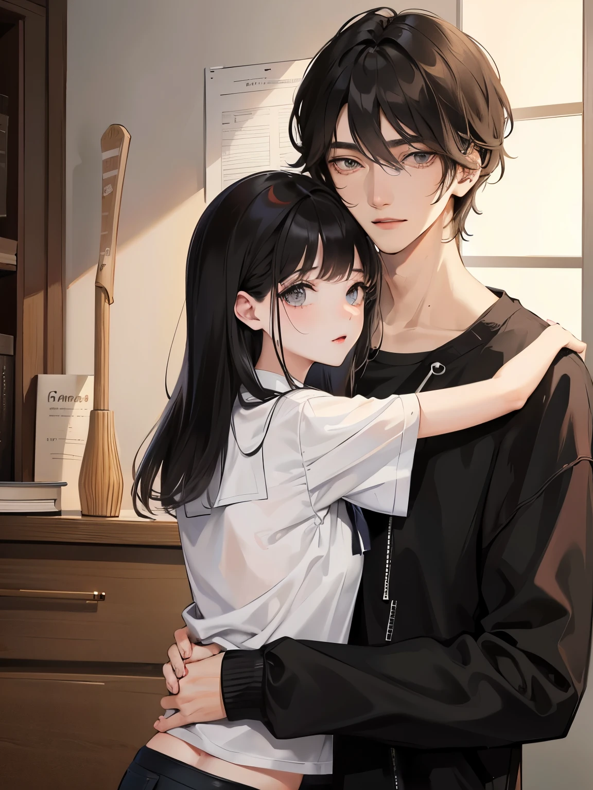college student couple、Lovers、girl with long black hair、cute、droopy eyes、hug、tall man、Handsome guy、detailed face