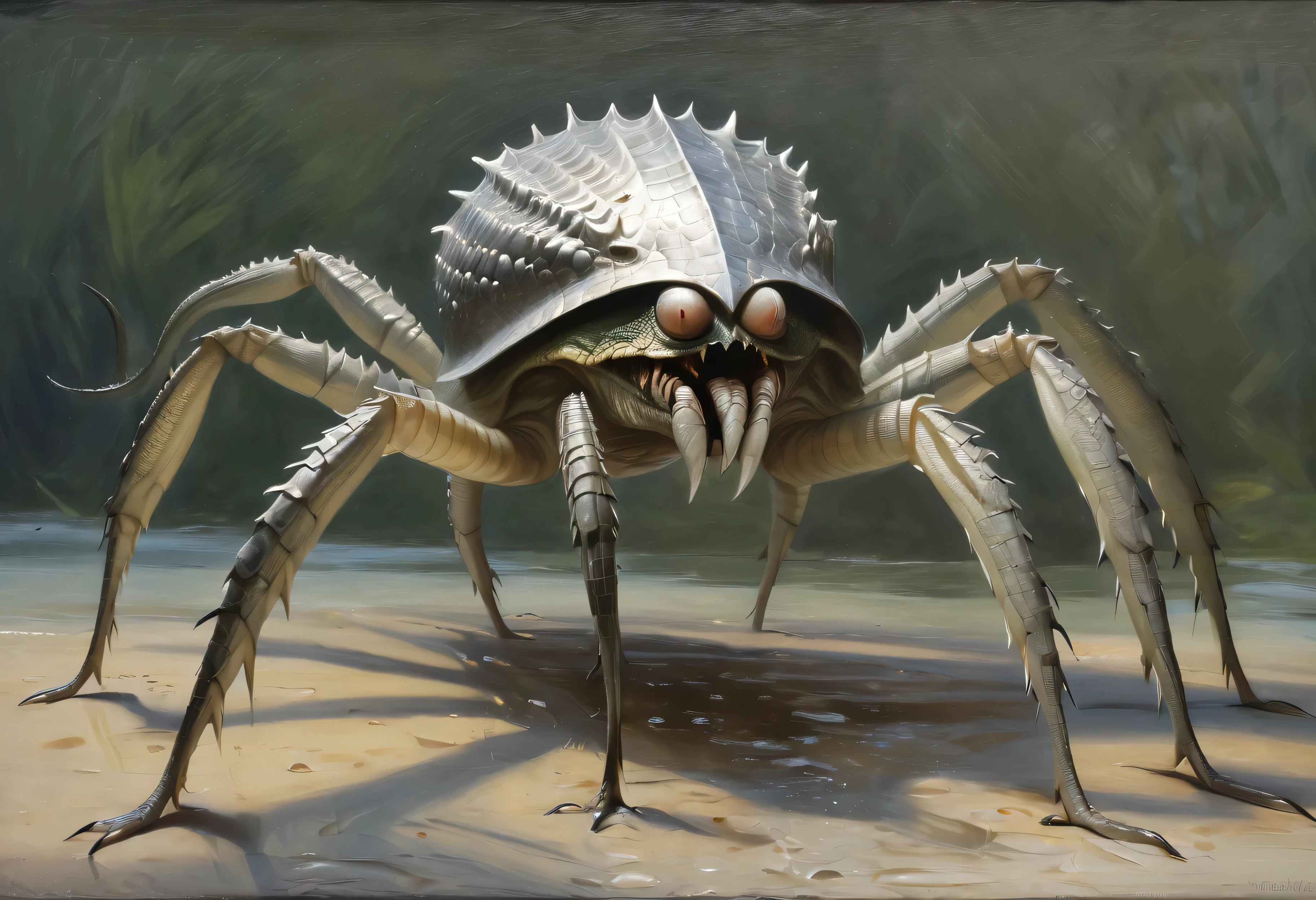 Crocodilian scaled spider monster'argent, In the style of John Howe