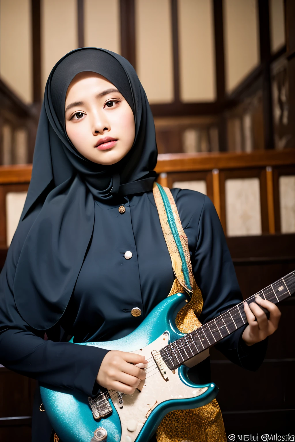 Seorang wanita cantik Indonesia berhijab sedang duduk menghadap ke depan sambil memetik gitar dan bernyanyi