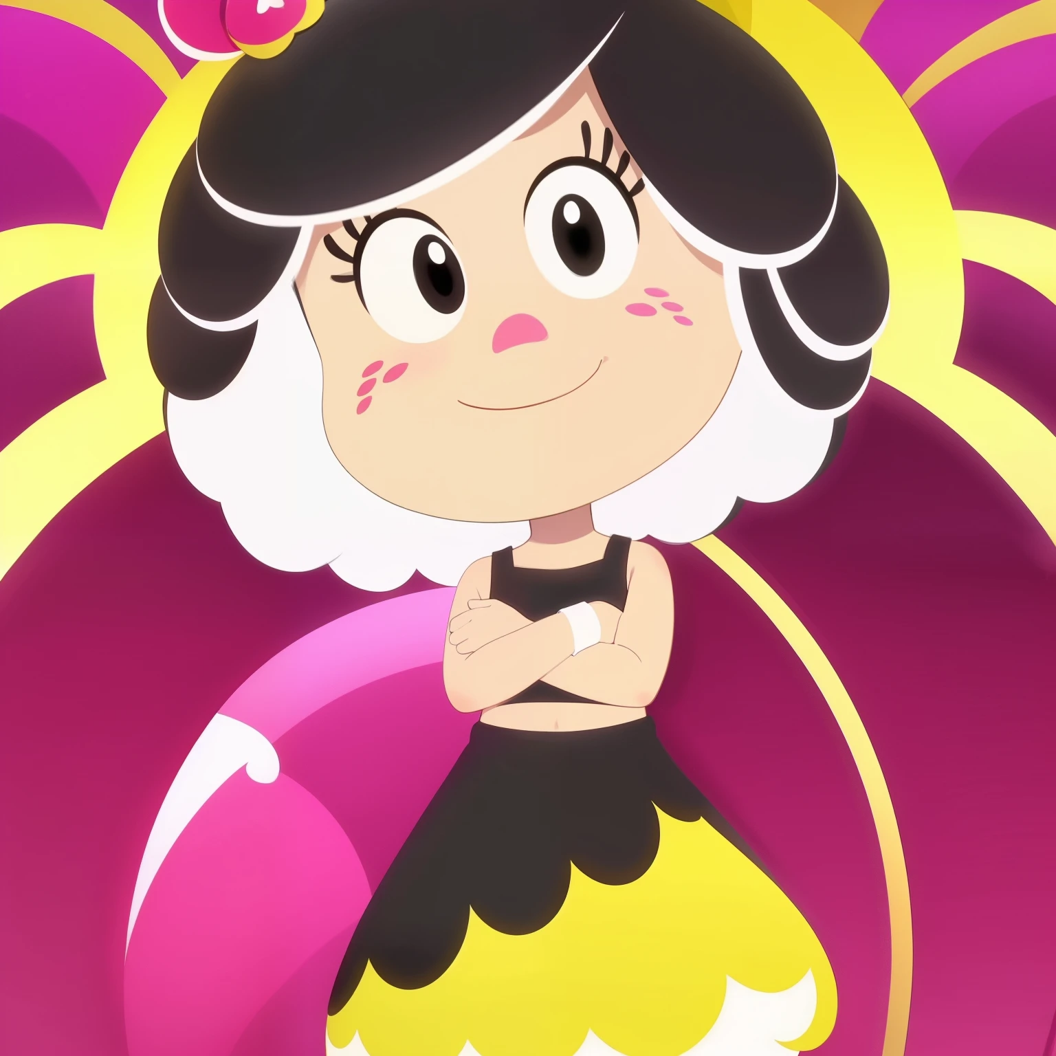 (masterpiece, best quality:1.2), 1girl, solo, hanazuki, black hair, white highlights, pink nose and freckles, bracelet, black sleeveless two-piece skirt set, skirt, trimmings, peace sign, smile, cute art