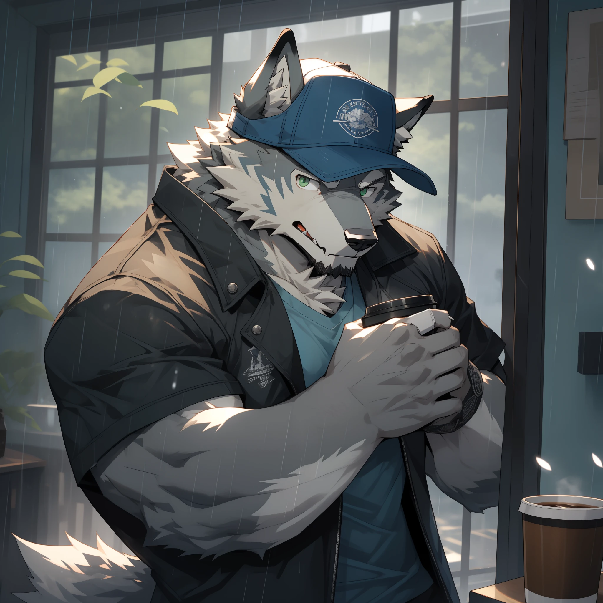 alone, hairy, Male Wolf, Handsome model, Gray hair, White skin, gray ears, dark green eyes, sharp claws, hairy尾巴, dressed in a black jacket, Wearing a blue baseball cap, drinking a coffee, looking out the window, downpour, Detailed background, super long shot