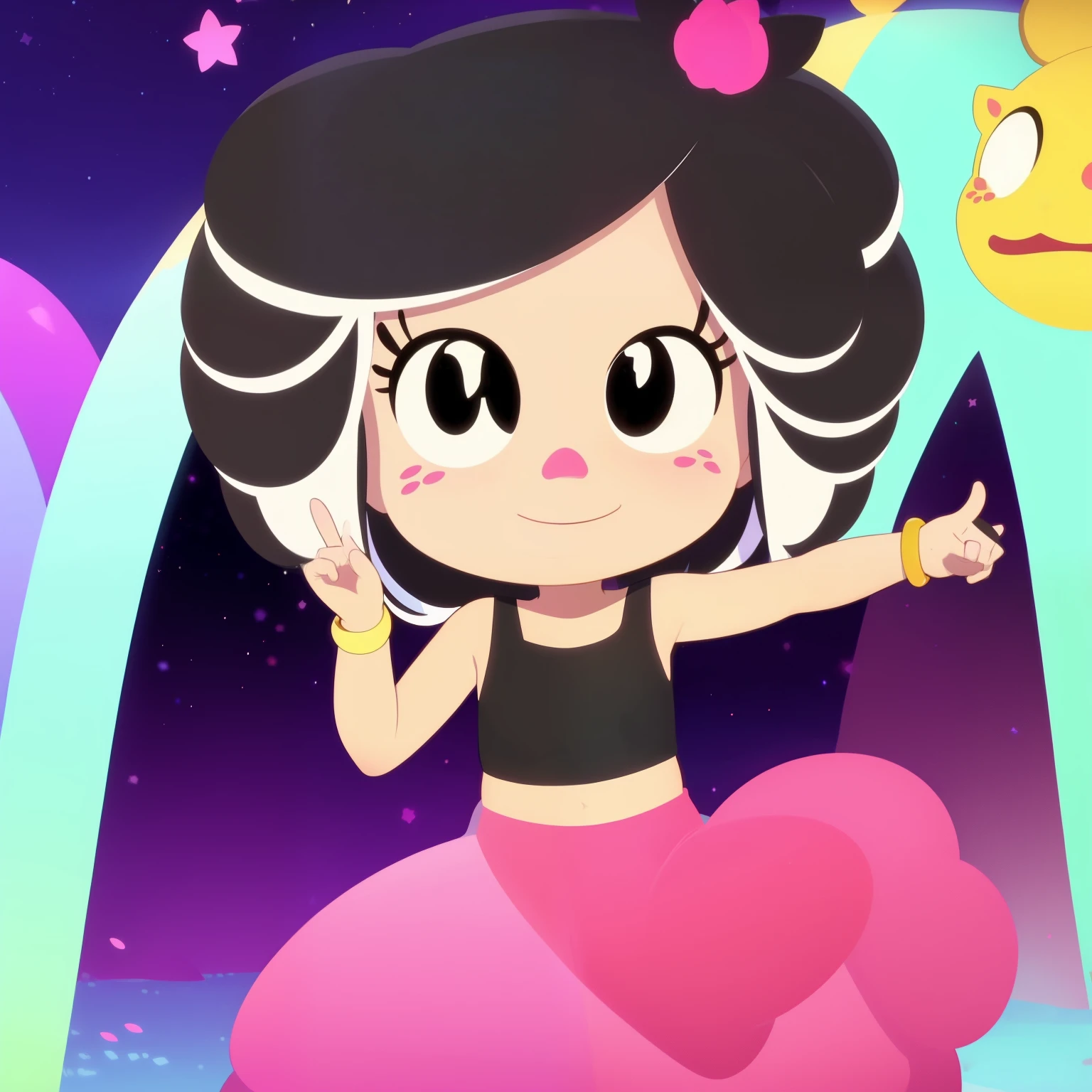 (masterpiece, best quality:1.2), 1girl, solo, hanazuki, black hair, white highlights, pink nose and freckles, bracelet, black sleeveless two-piece skirt set, skirt, trimmings, peace sign, smile, cute art