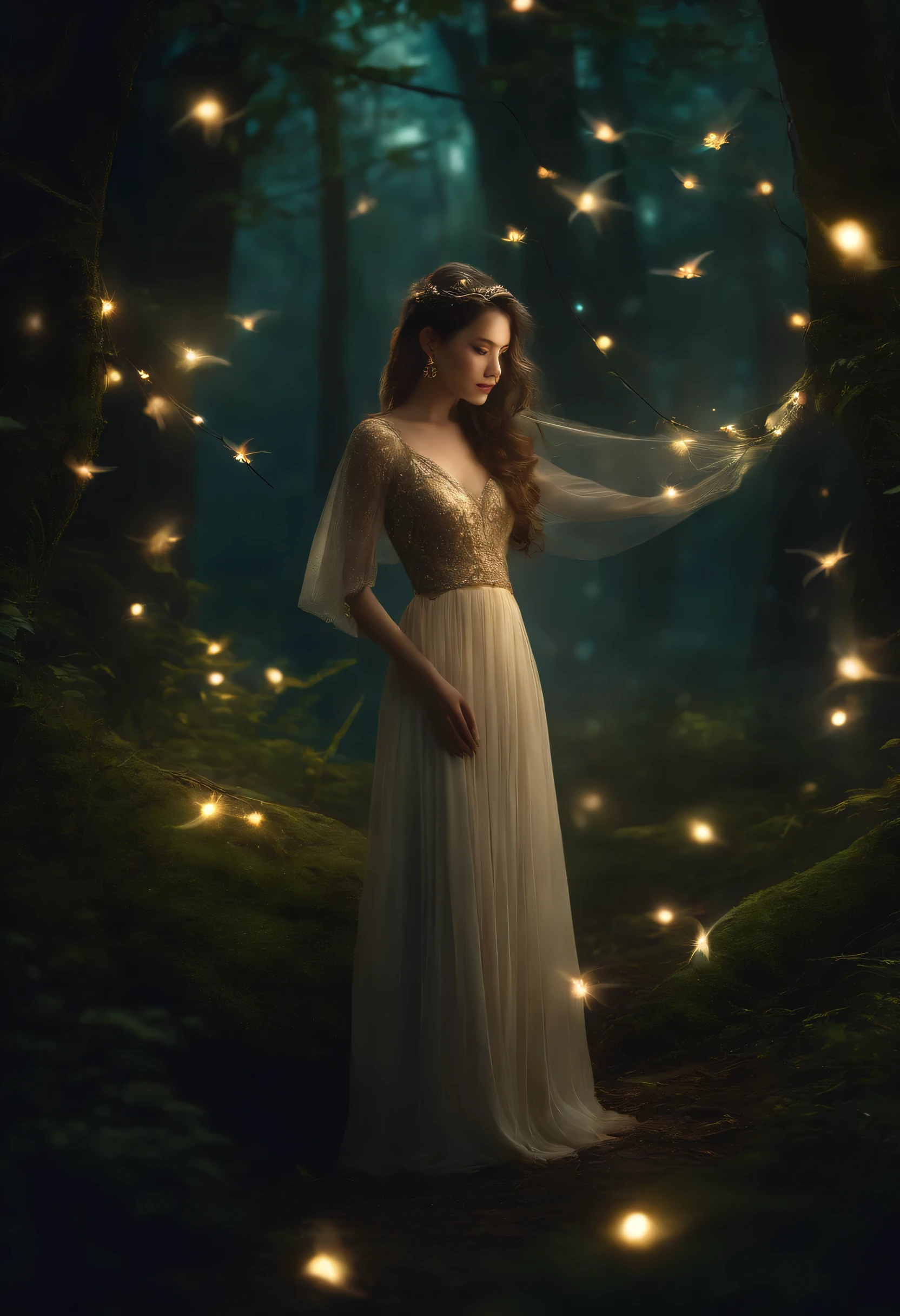 1 girl, ,,Symper Smile, High-definition images, woman, her hair was decorated with glowing fireflies, Eyes that shine enchantingly. Wearing a gown woven in the moonlight, she is a tree々Nestled in a mysterious forest where life dwells。. scene, Surrounded by the magical light of fireflies, Photographed in the style of Artikkar Orc in the Magic Forest., (masterpiece, highest quality, official art,intricate details:1.2)