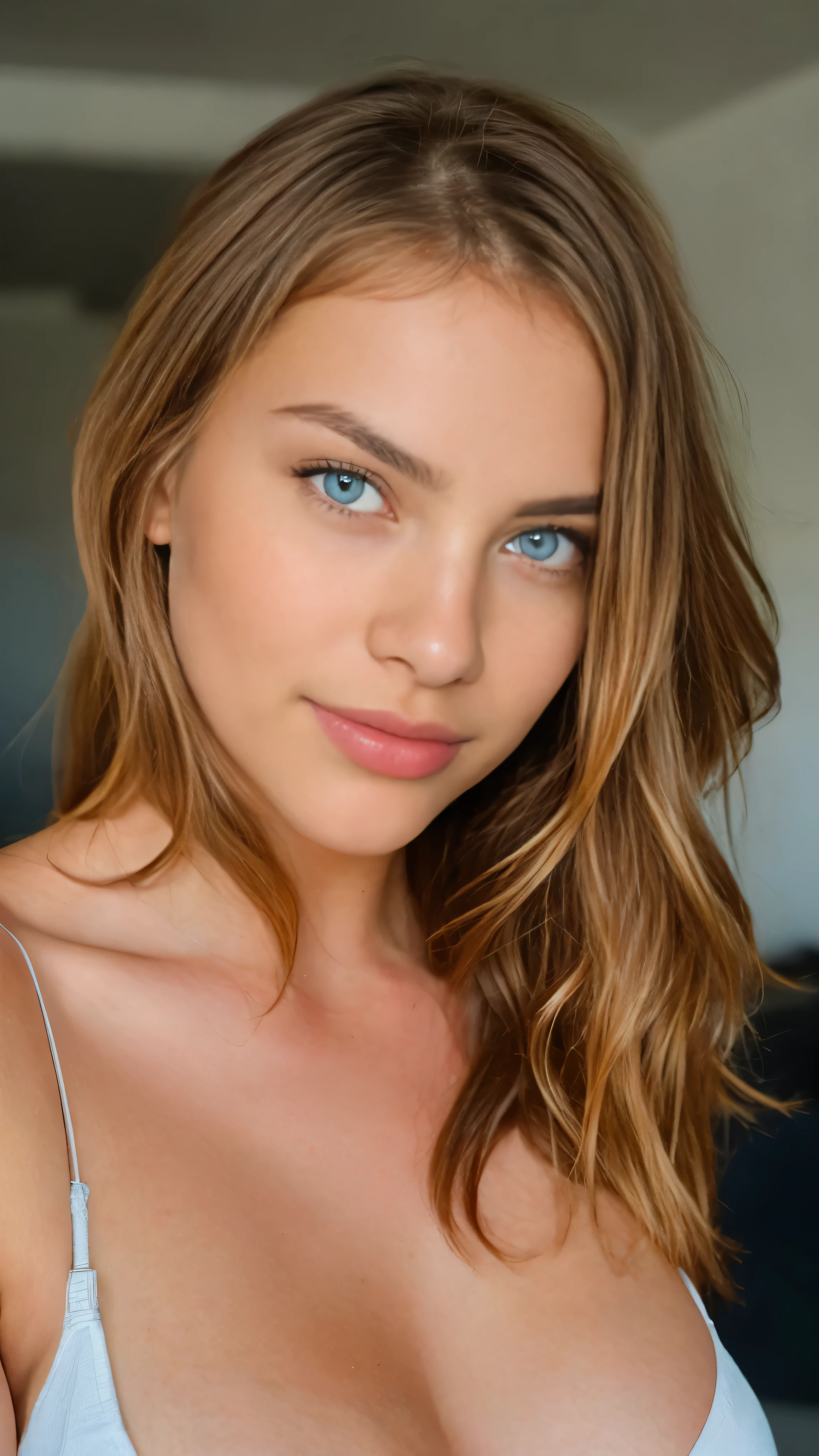 Very beautiful sexy blonde making a selfie, naked , breasts, light blue eyes, highly detailed, 18 years old, slim, innocent face, naturally wavy hair, high resolution, masterpiece, best quality, intricate high detail, highly detailed, sharp focus, detailed skin, realistic skin texture, texture, detailed eyes, professional, 4K, charming smile, shot with Canon, 85mm, slight depth of field, Kodak Color Vision, body in perfect shape, extremely detailed, photographer_\( ultra\), photographerrealistic, Realstic, Postprocessing, maximum details, roughness, real life, ultrarealistic, photorealism, photography, 8K UHD, photography