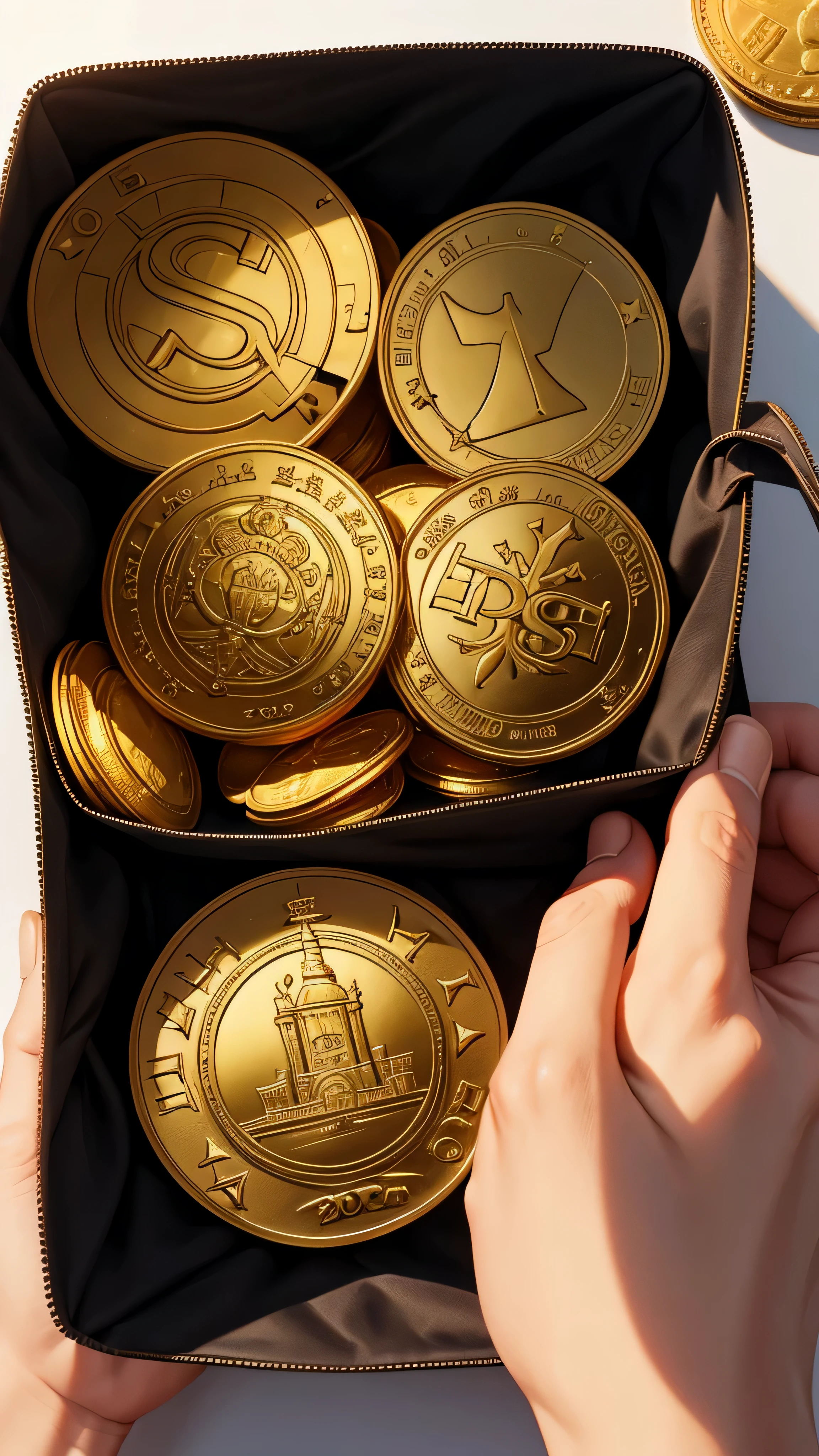 A Bag with a shiny gold coin in it