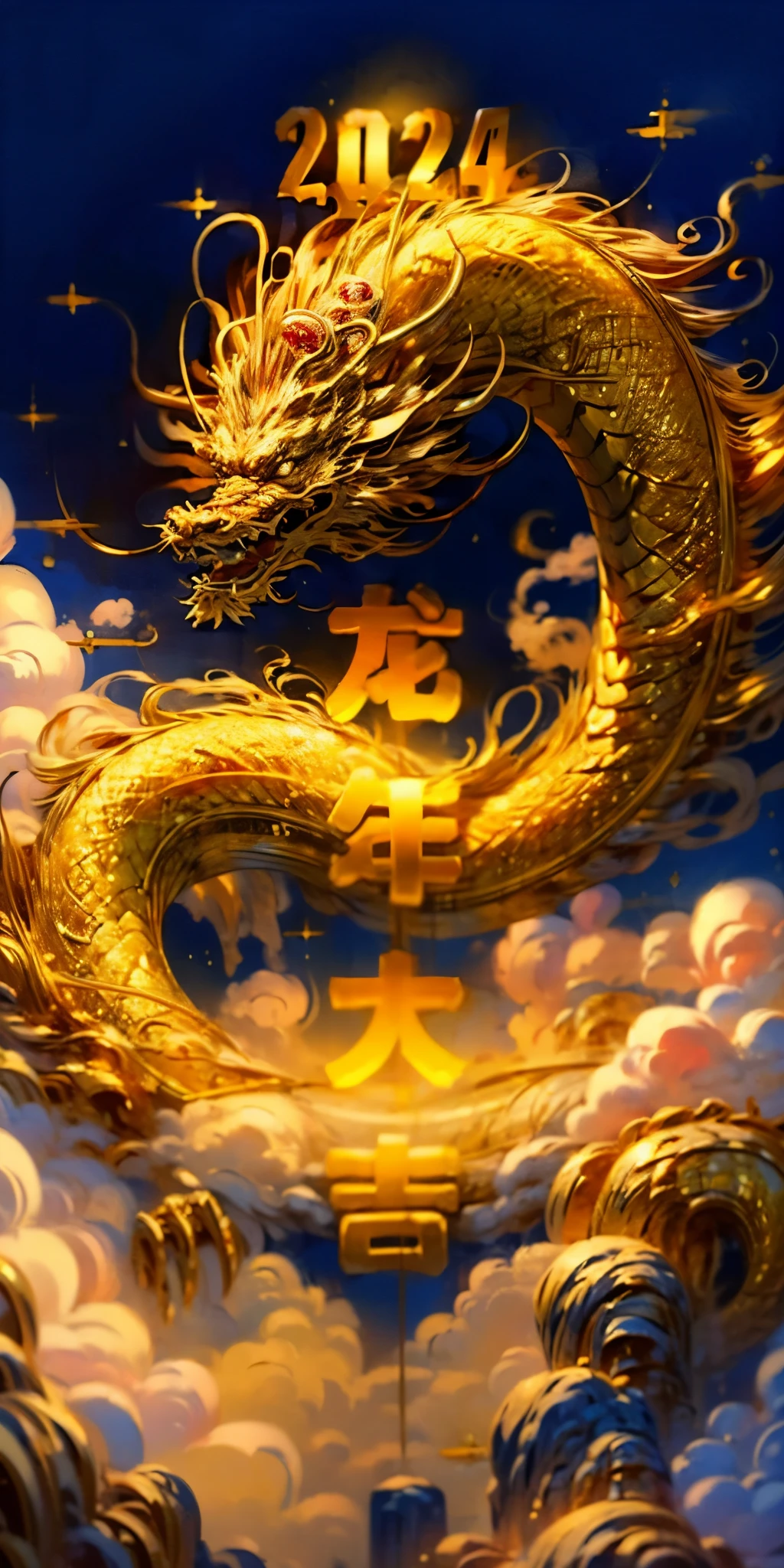 ((best quality, 8k, masterpiece: 1.3)), 1 Chinese dragon, Chinese golden dragon, (golden ingot), (golden coin), (masterpiece:1, 2), best quality, masterpiece, highres, original, extremely detailed wallpaper, perfect lighting, (extremely detailed CG:1.2),with three-dimensional and new year elements on the background,