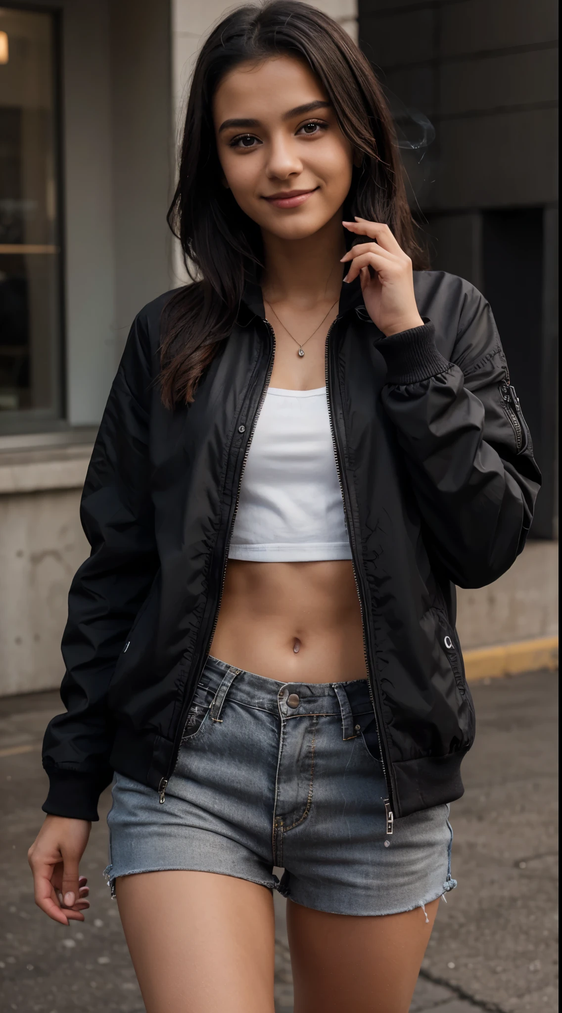 " Create a 3D image of 20 year old young beautiful smile girl a teenager wearing a casual black jacket that says " Aisha " smoke artistically forming a name Computer Photoshop editing frame