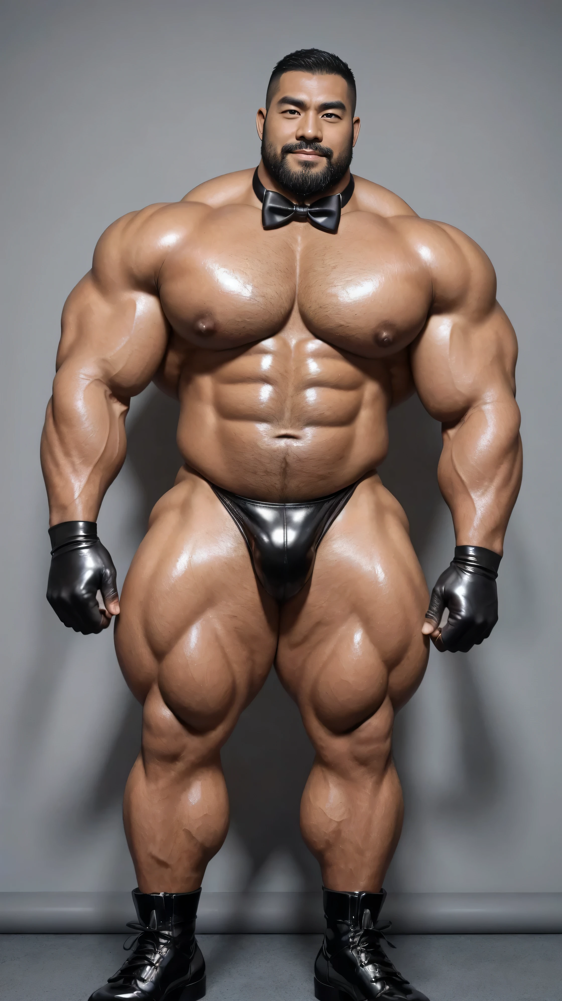 There is only one person in the picture，a chinese bodybuilder，35 years old，High, Strong and handsome，standing in front of gray background board，Paired with glossy black leather bow tie，short hair, O-shaped beard，Perfect body, Dark and shiny complexion，Muscle bulge, muscular, Very big pecs，Very sexy abs，Leg muscles are very developed，High and burly，Huge bumpy area，Brighten oily skin，Black leather shiny leather gloves, Wearing a gold leather shiny thong, Wear black leather shoes to shine，handsome face，detailed facial features, Correct and accurate male anatomy, full-body shot, Large pecs, Wet oil wax gloss for oily muscles and skin，Professional photography。