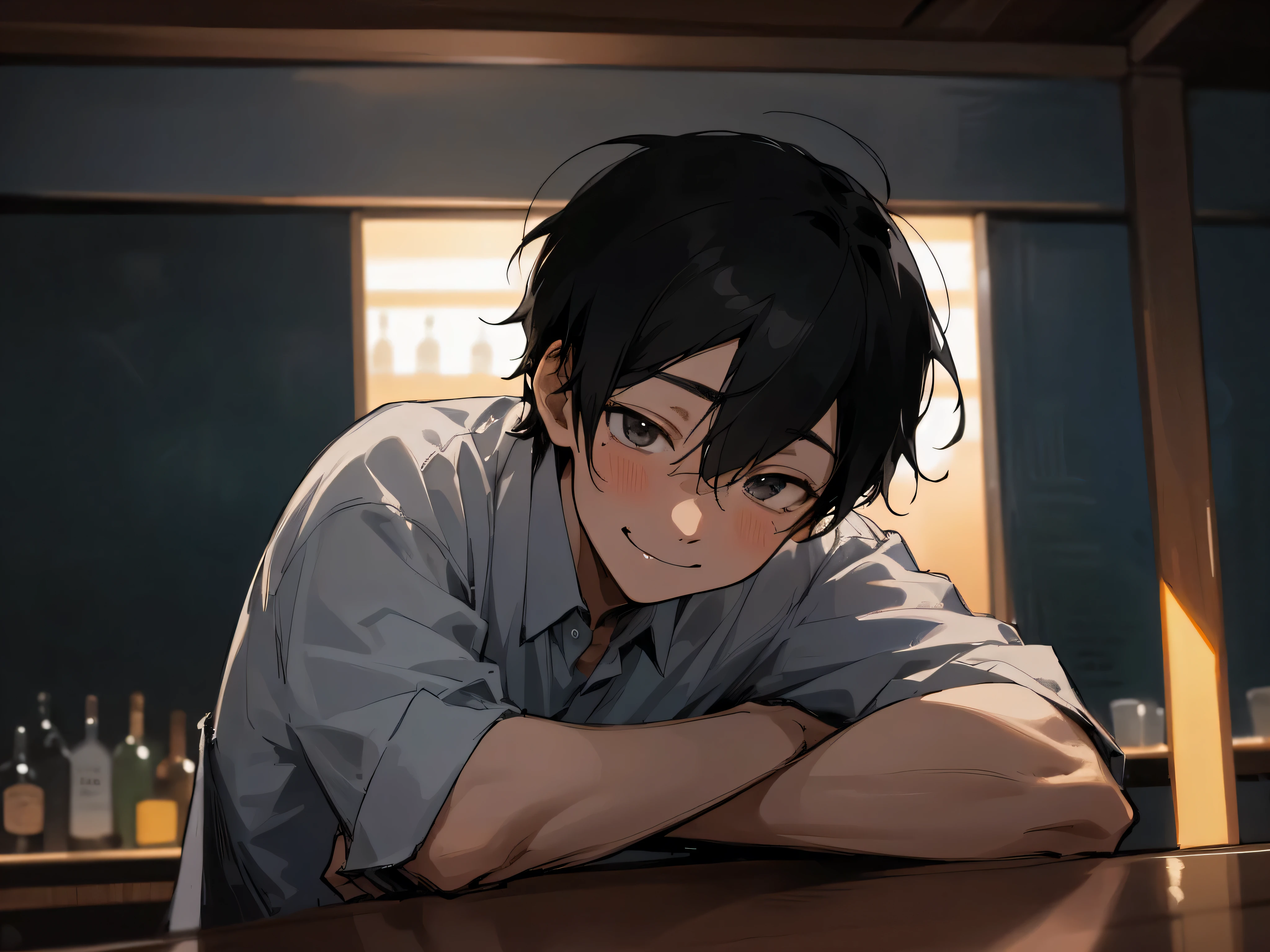 30 years old man,1 boy、black hair、(barista),smile,from below,from belowのアングル,sad,The background is a bar,up on the face