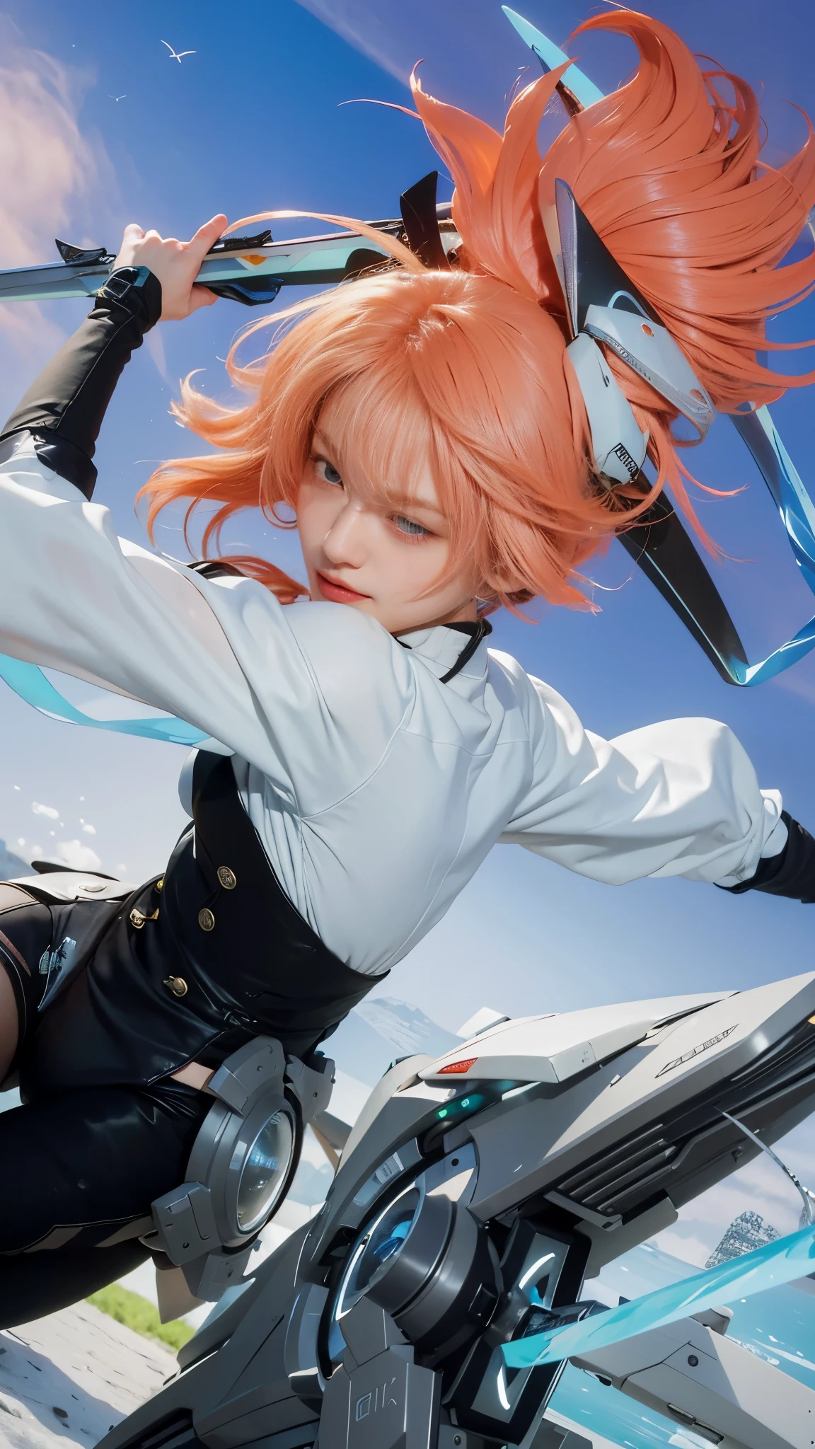 (8k, best quality, masterpiece:1.2), (realistic, photo-realistic:1.37), ultra-detailed, detail fingers, realistic fingers, realistic hand, A detailed portrait of 1 girl 21 year old, e girl, cool outfits, eyes looking at the camera, holding sword, pale skin, perfect body, blue eyes, blond hair. The scene is illuminated with professional lighting, photon mapping, and radiosity, with Tetsuya Nomura Style. Blur bokeh effect, realistic light, close eyes.