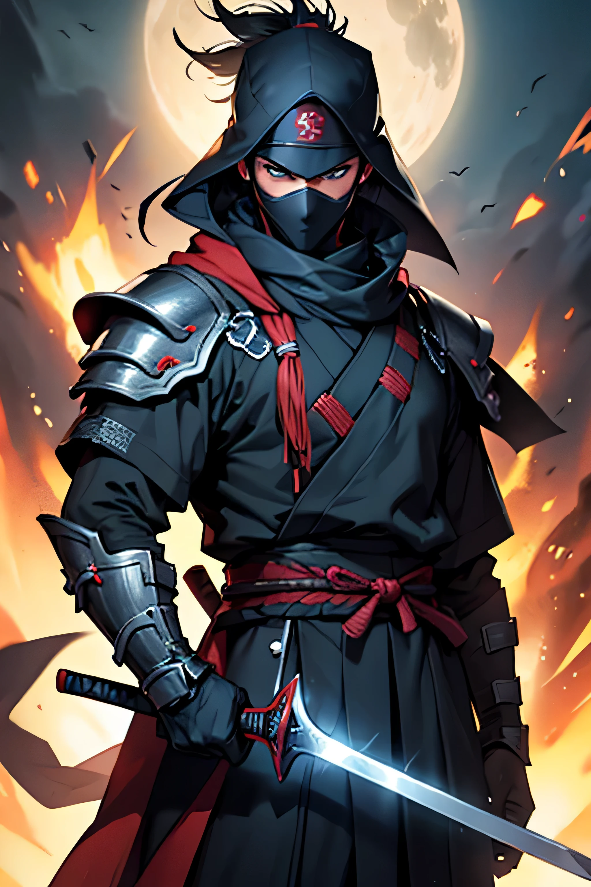 tech warrior armor , black hair,with two swords,man,cap,samurai and ninja