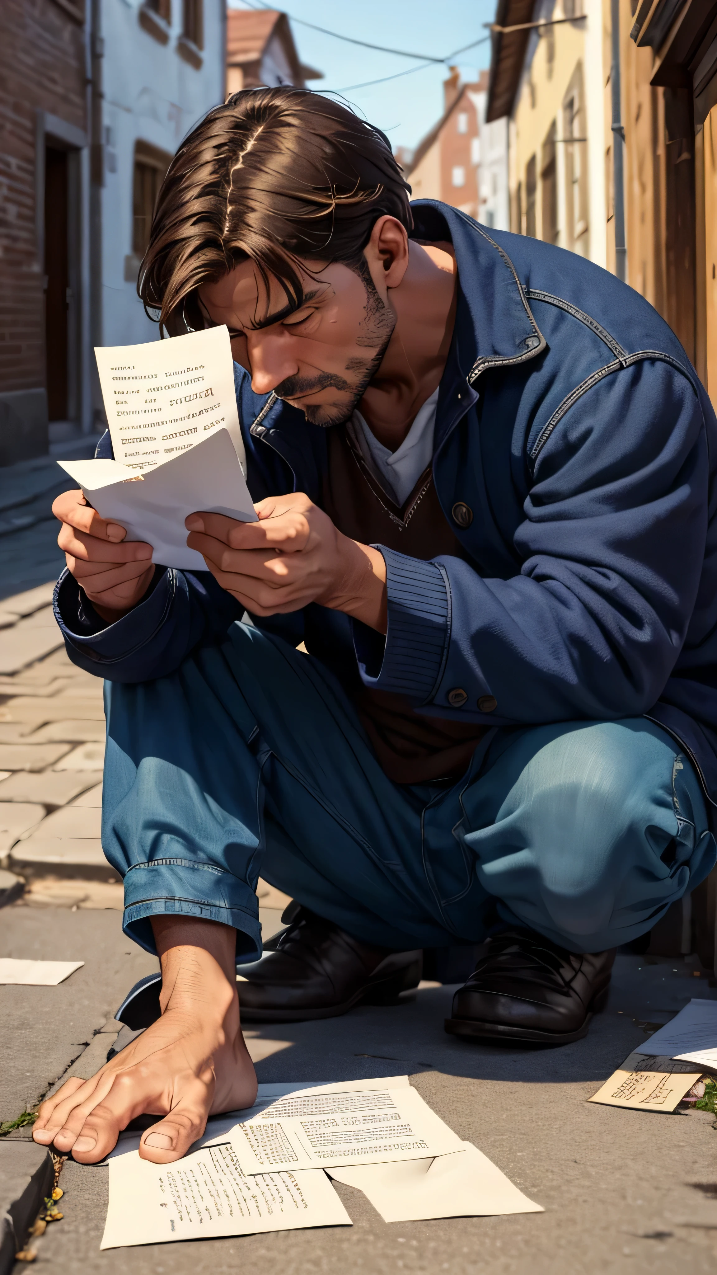 A close up of a poor man reading a letter in the middle of old poor town street