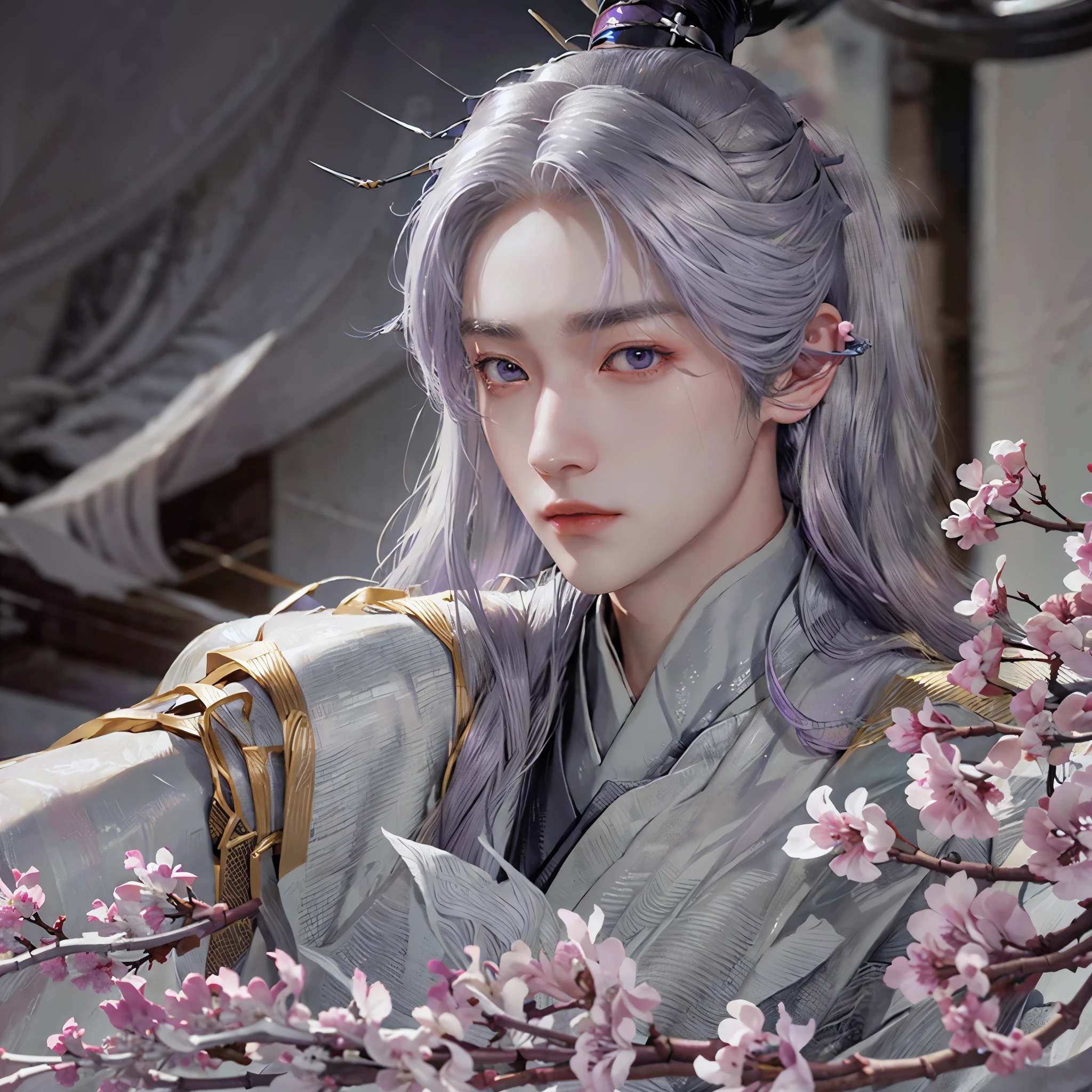 1 person，20-year-old，long white hair，gray eyes, Handsome guy,high ponytail，wearing a kimono、manly、Also々right、had purple eyes、Inspired by Japanese ukiyo-e、With background:illuminated by moonlight、Kyoto、Floral、Fox-like ears,