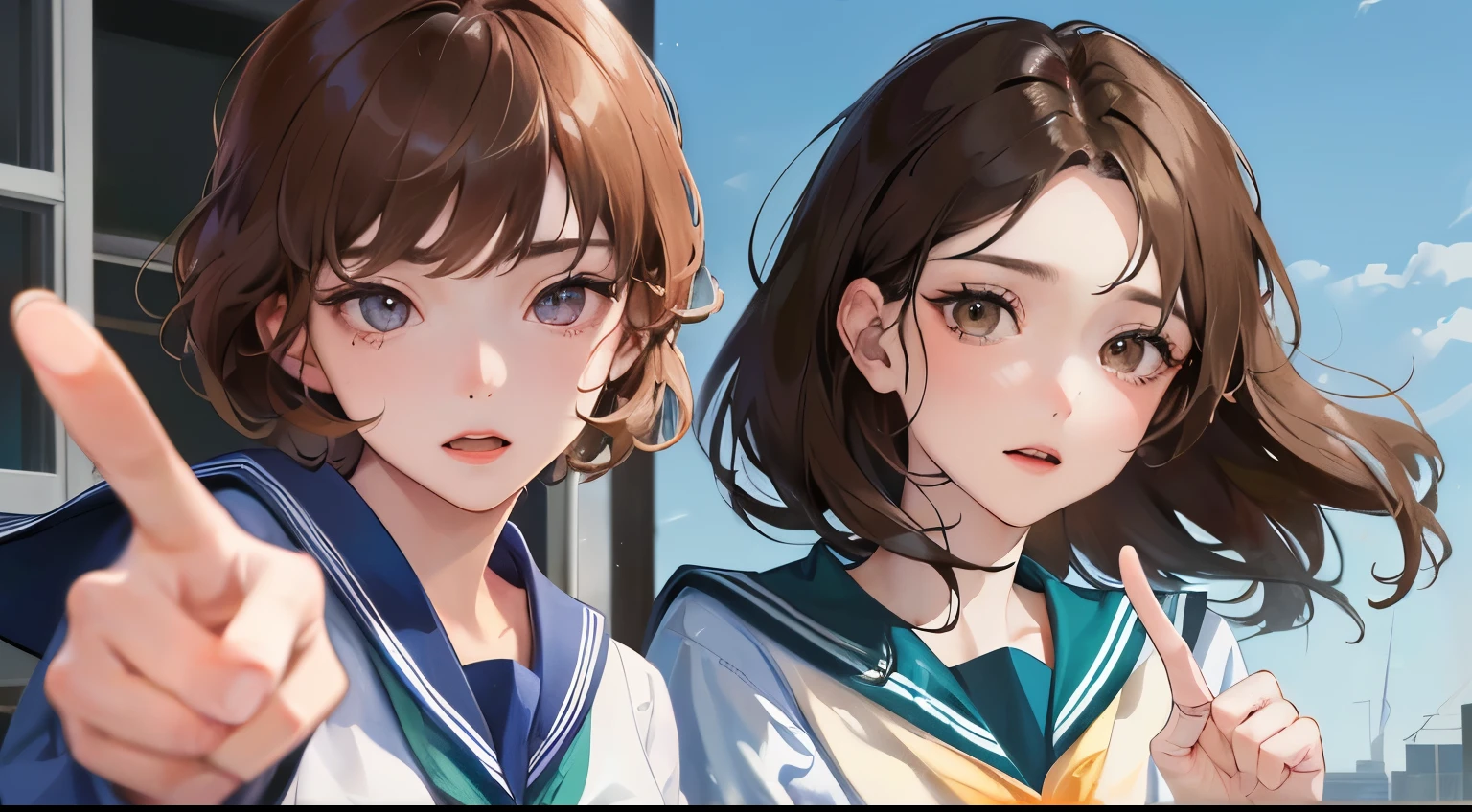 (((1 woman)))、(highest resolution、clear_image)、(((Point the tips of your index and middle fingers forward))), (((sailor suit)))、best quality、((Perm hair)),、contrast of light and shadow、、school rooftop、((illumination))、very detailed、Semi-realistic、brown hair、、Expressionless、bangs、20-year-old、office Lady,,young、((View from the front))、delicate facial features facial features、