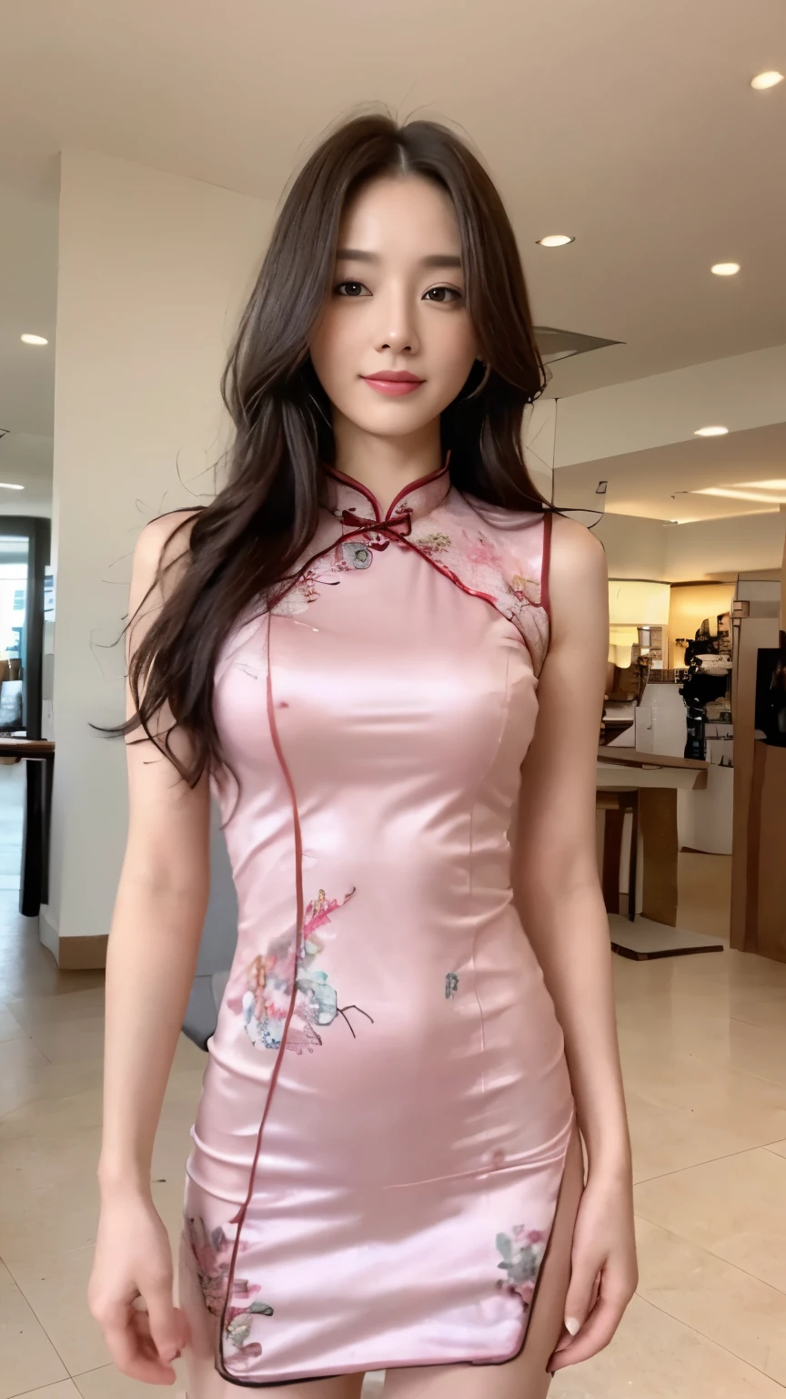 ((top-quality、8k、masterpiece:1.3))、Beautiful woman with perfect body:1.4、slim abdomen:1.2、Longhair, normal breast, Highly detailed facial and skin texture, A detailed eye, delicate eyes, double eyelid, (smile), (full body shot), ((shopping mall)), (standing), (((wearing pink cheongsam))), looking in front
