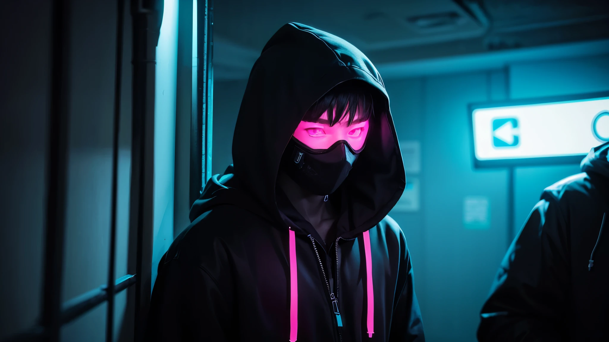 Create dark image of a boy with neon hoodie and neon hoodie cyberpunk style and without showing his face