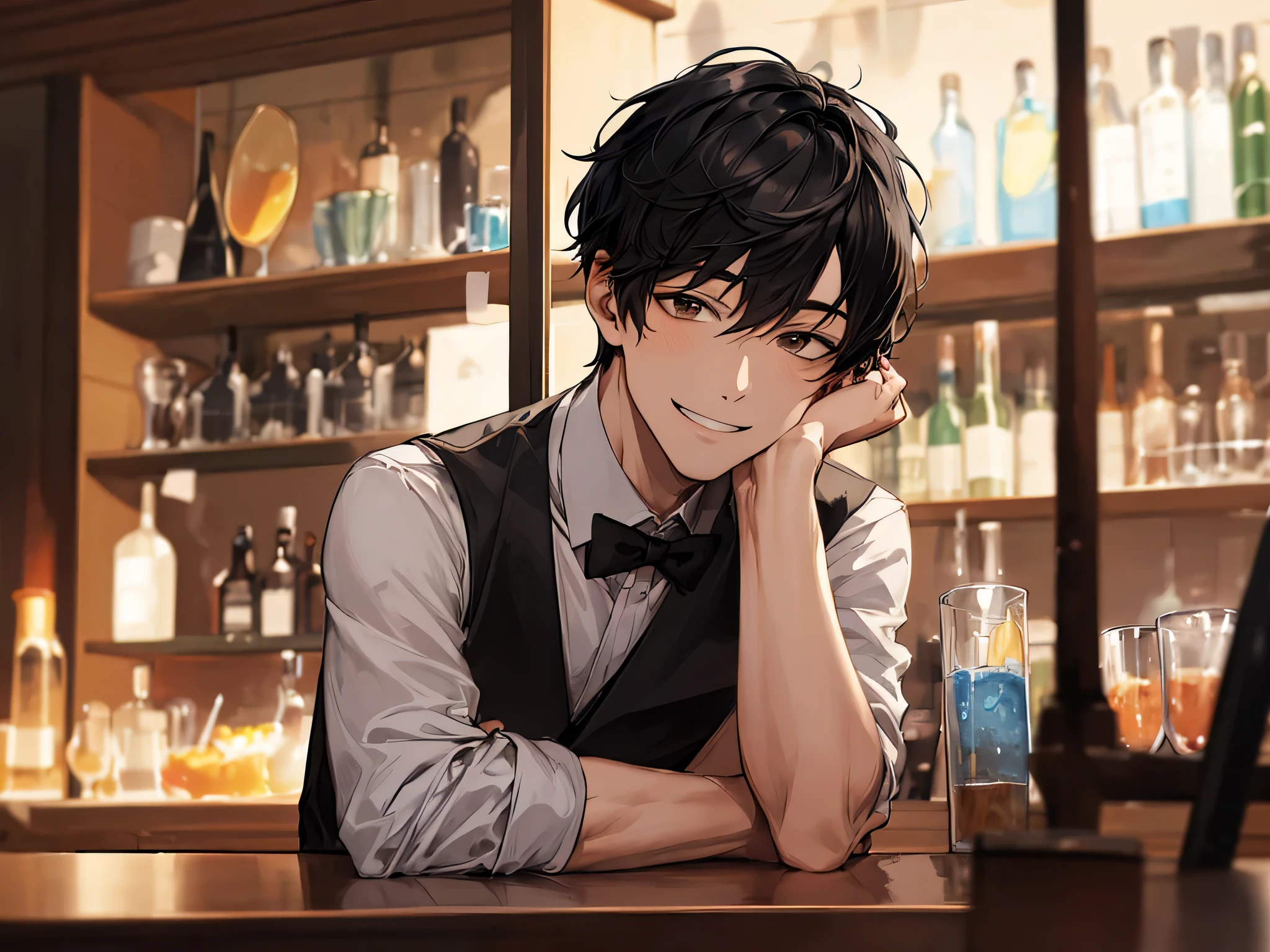 masterpiece, highest quality,portrait,1 male, black hair, alone, Bar waitress,smile