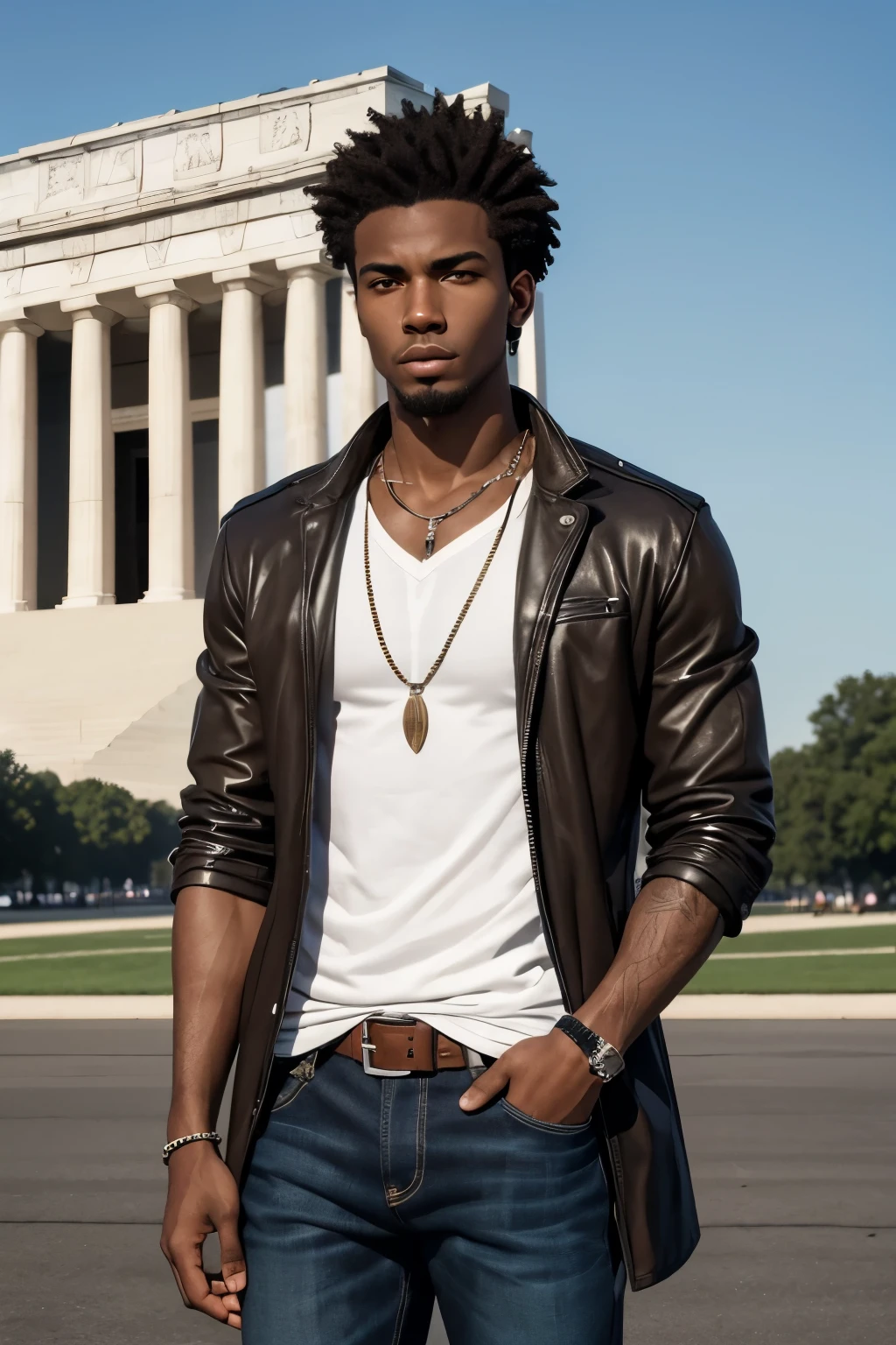 African American Male Age: In his early twenties.Build: Lean and wiry, with a subtle strength borne from navigating the streets of Washington DC.Height: Average height, standing around 5'9" tall.Complexion: Deep, rich brown skin, a reflection of his African American heritage.Hair: Short and practical, his wiry hair is styled in a neat, low-maintenance cut.Facial Features: Angular and expressive, with a determined jawline and soulful eyes that betray a depth of experience.Scars: Faint scars crisscross his skin, reminders of past challenges and encounters.Clothing Style: Malik dresses in casual, urban attire that reflects his environment. practical yet stylish in their simplicity.Accessories: Minimalist accessories such as a watch or a few understated pieces of jewelry add a touch of personal flair to his ensemble. https://image.cdn2.seaart.ai/2024-02-09/cn3ap8de878c73dm6r30/41f1d00fb28e643792f0dcaa70c4c60f23cd41e5_high.webp Generate an image of Malik standing in front of the Lincoln Memorial, with the iconic statue of Abraham Lincoln in the background. He wears a look of awe and reverence as he takes in the grandeur of the monument