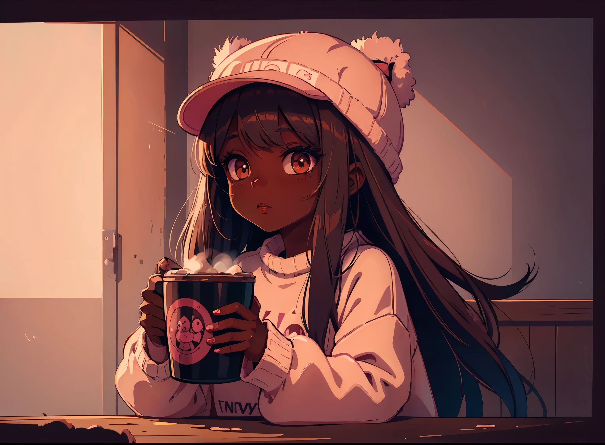 Dark skin pretty young woman in an oversized fuzzy fitted shirt, shy, holding a pink coffee “catty” labeled mug, insanely detailed, 4K, 2D illustration, red hat, clearly detailed eyes,  luminous brown eyes, muted pastels and vibrant brown and white, ray tracing
