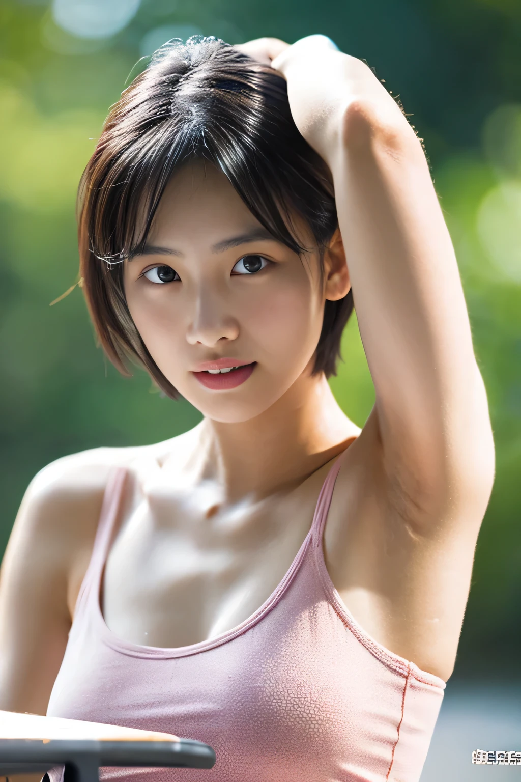 Simple Pink Tank Top Girl, armpit、sweaty、table top, highest quality, shape, Super detailed, finely, High resolution, 8k wallpaper, Beautiful woman at 30 years old,sexy,Japanese、short cut hair