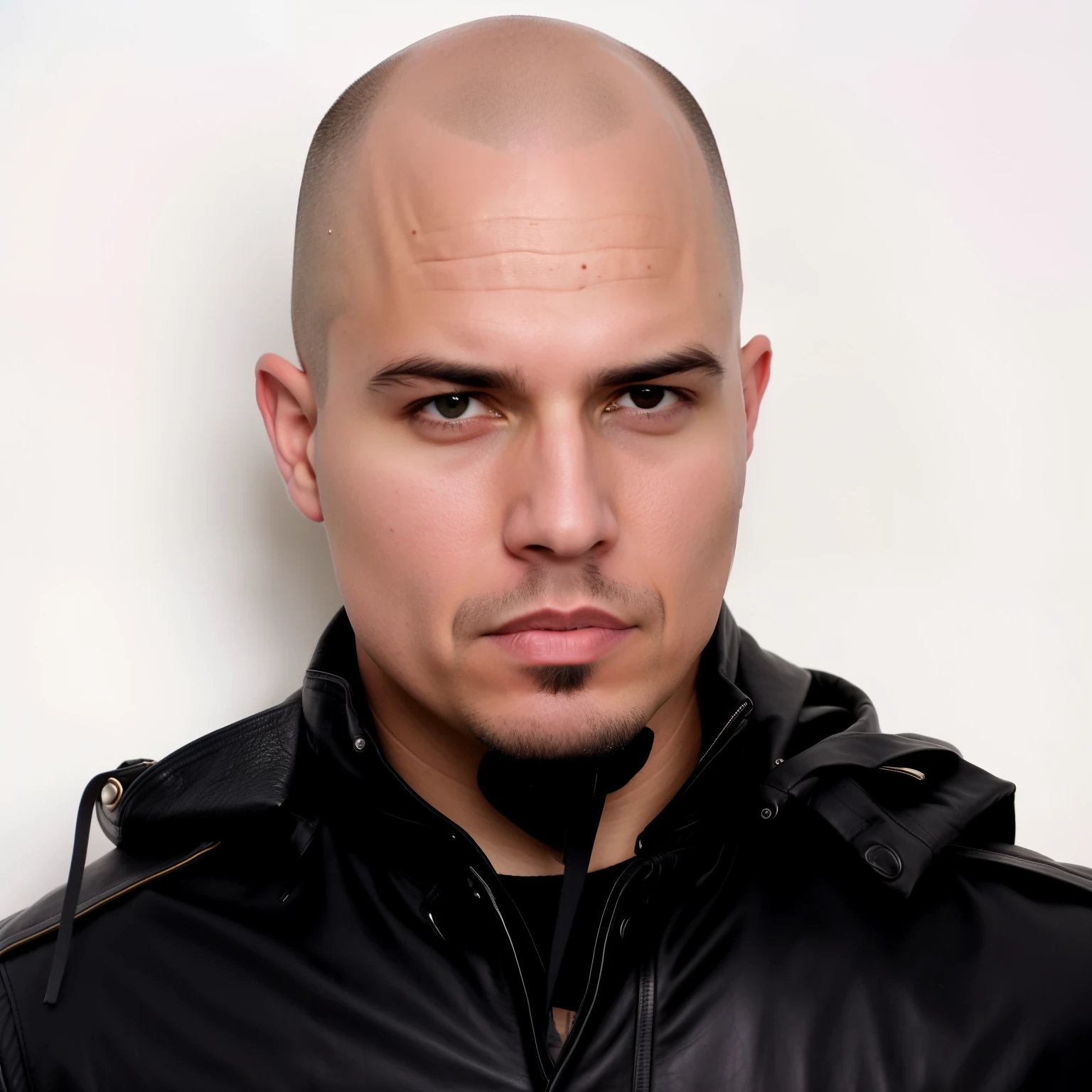 there is a man in a leather jacket posing for a picture, bald head and menacing look, bald with short beard, inspired by Eddie Mendoza, shaven face, portrait of bald, shaved bald head, bald head, bald man, shaved head, david villegas, no hair completely bald, joel torres, clean shaven wide face