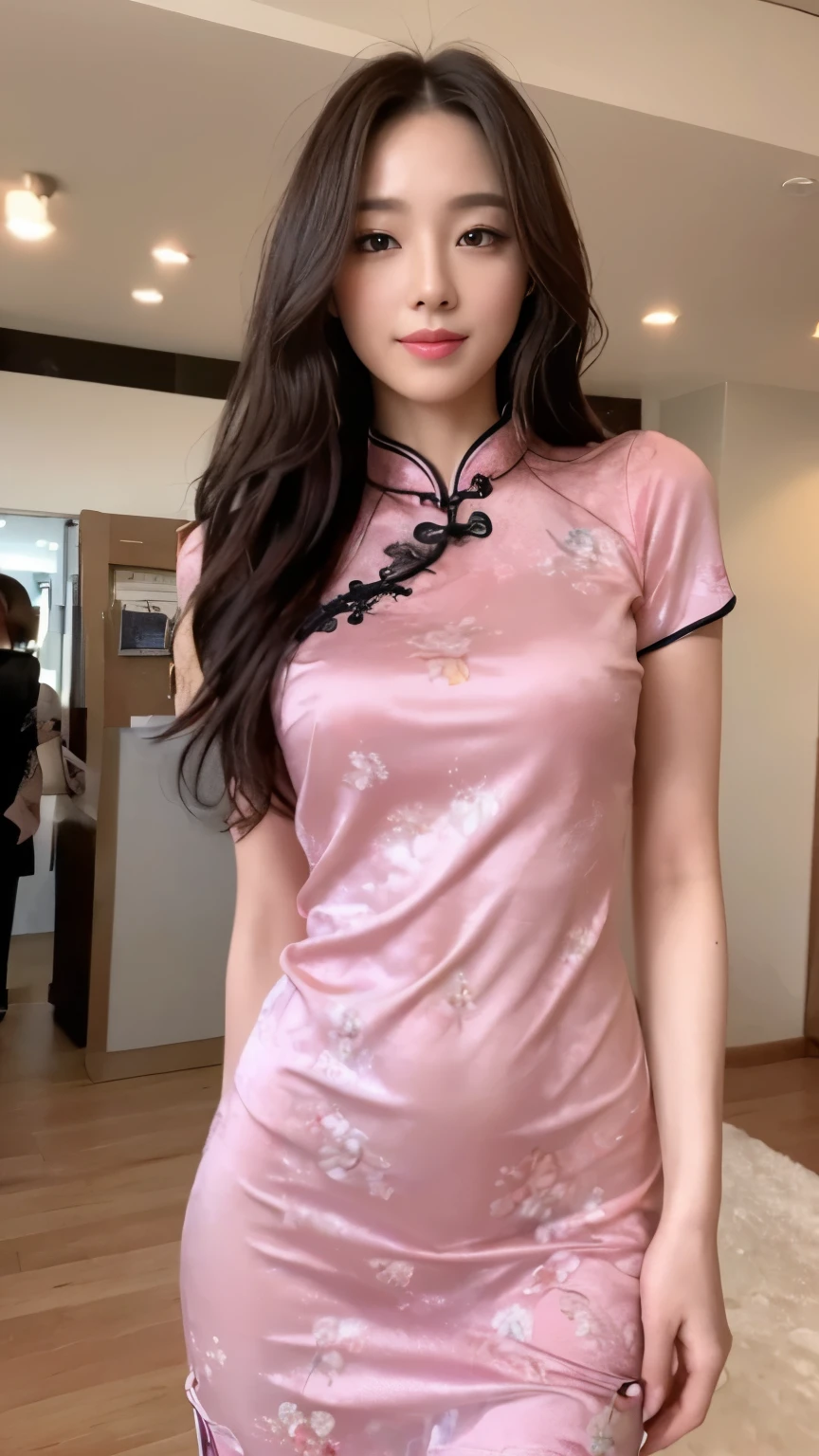 ((top-quality、8k、masterpiece:1.3))、Beautiful woman with perfect body:1.4、slim abdomen:1.2、Longhair, normal breast, Highly detailed facial and skin texture, A detailed eye, delicate eyes, double eyelid, (smile), (full body shot), ((shopping mall)), (standing), (((wearing pink cheongsam))), looking in front