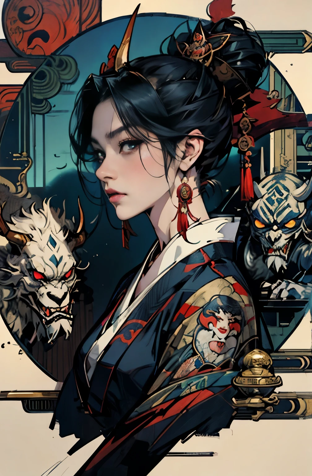 beautiful demon painting, Japanese swordを持った鬼の女, Japanese swordを振りかぶる鬼の女, strong female samurai, Japanese sword, Japanese sword, 抜身のJapanese sword, 長いJapanese sword, Japanese sword, Japanese sword, A skilled swordsman, female bodyguard, demon samurai, 2book corner, mouth with fangs, Eyes without pupils, gambling, Kumatori, Hyakka Ryōran, Flower of Shura, Looks like he's in his late 20s, beautiful black haired demon, sharp beauty, Beautiful red kimono, Dr. Moonlight, Oiran, highest ranking woman, Ghost Girl, Female Yakuza, Doji Ibaraki, Shuten Douji, Inspired by Chen Yifei, Inspired by Francesco Hayez, Inspired by Hendrik Terbruggen, Jean=Works that influenced Auguste Dominique Ingres, Inspired by Liu Jun, Jean=Works that influenced Auguste Dominique Ingres, highest quality, perfect angle, perfect composition, The perfect subject, best shot, official art, cinematic light, figurative art, Beautiful and expressive paintings, Beautiful artwork illustration, wonderful, cool beauty, clear, Mysterious, highest quality, official art, perfect composition, perfect angle, best shot, women only, sharp outline, pretty much beautiful face, The demon lurking in the darkness of Kyoto, Lord of Chimi-Mourou, A ruthless demon woman, demon queen, Female Yakuza, full body tattoo, wide, Rashomon, SakuraFubuki, Please refrain from, I'll let you die, raid, Unrivaled strength, demon of strength, divine power, demon's strength