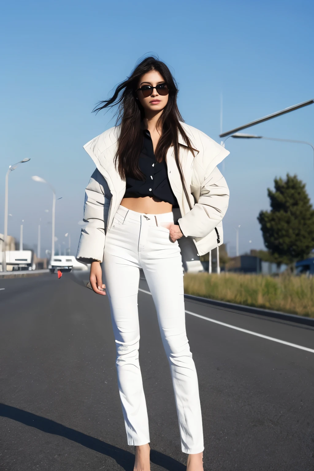 good figure,Sexy,Wear an unbuttoned shirt,full body figure,perfect body,white long hair,Sexy,young woman,long legs,denim pants,slim、slender,full body photo,on the road,khd,4K,the lines are perfect,professional photography: high fashion,Unreal Dreams Amazing Photos,sharp and fine, details are subtle, light and shadow intertwine,freedom of territory,winter jacket