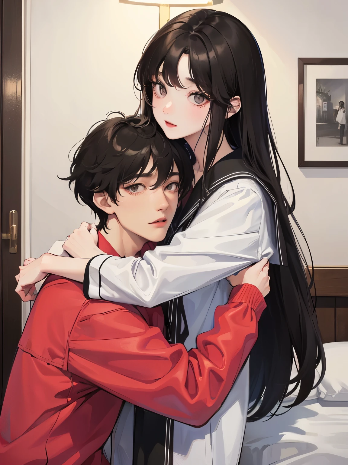 college student couple、Lovers、black hair girl、cute、droopy eyes、hug、tall man、Handsome guy、detailed face、バックhug、pajamas