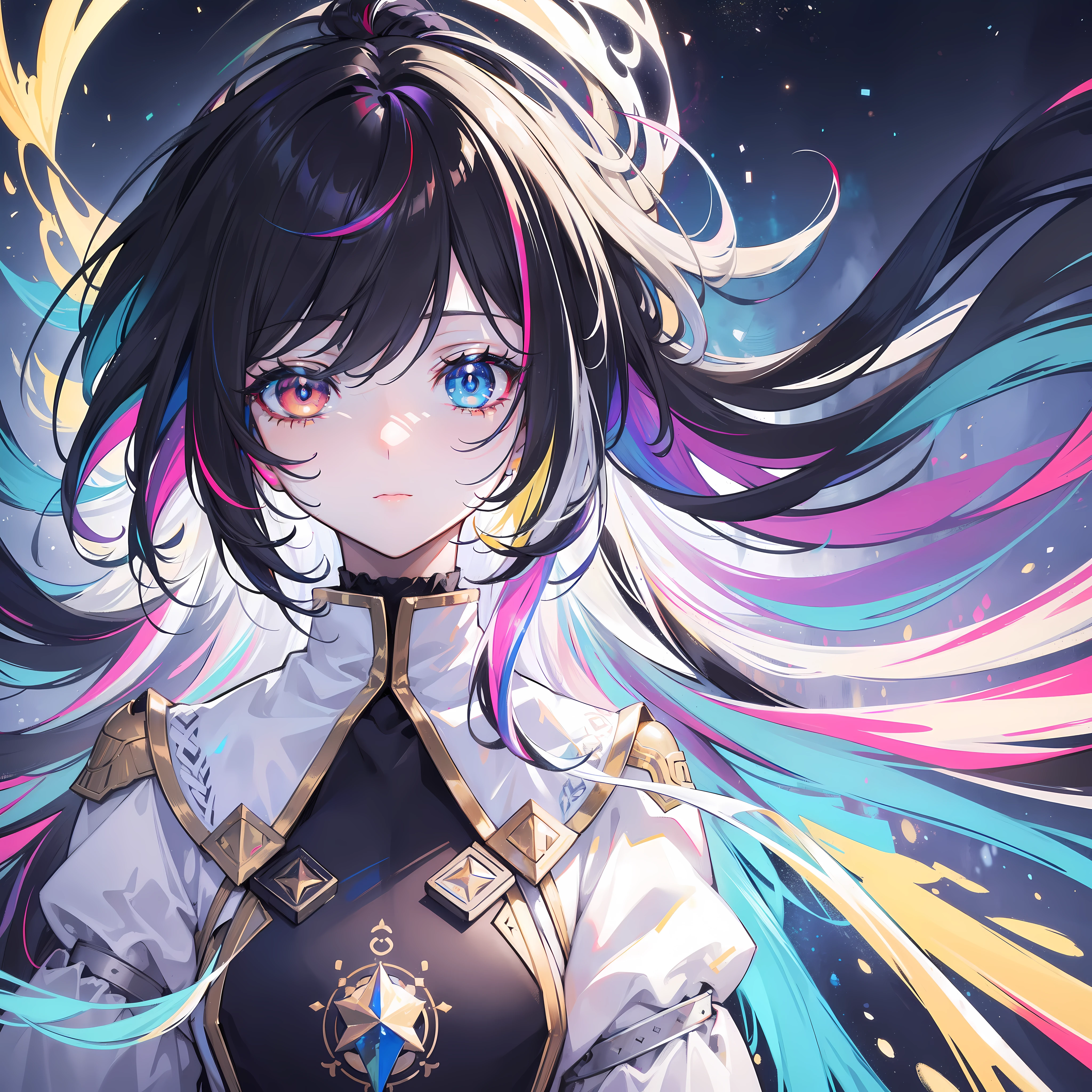 {{masterpiece}}, best quality, extremely detailed CG unity 8k wallpaper, cinematic lighting, lens flare, beautiful detail eyes, black, side glance, multicolor hair, colorful light, particles, heterochromia, (colorful:1.5), (colorful hair:1.5),