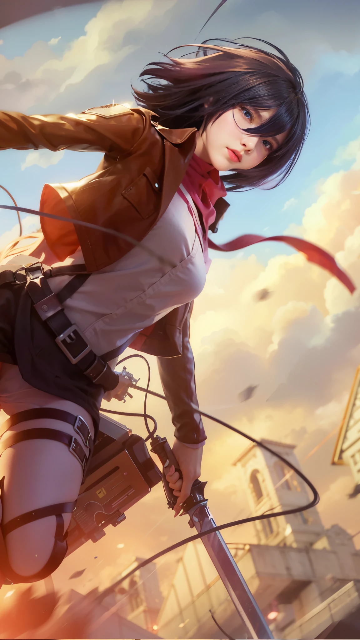 detailed, A detailed portrait of 1 girl 18 year old, cute girl, british girl, futuristic outfits, holding sword, pale skin, perfect body, blue eyes, pink hair. The scene is illuminated with professional lighting, photon mapping, and radiosity, with Tetsuya Nomura Style. Blur bokeh effect, realistic light.