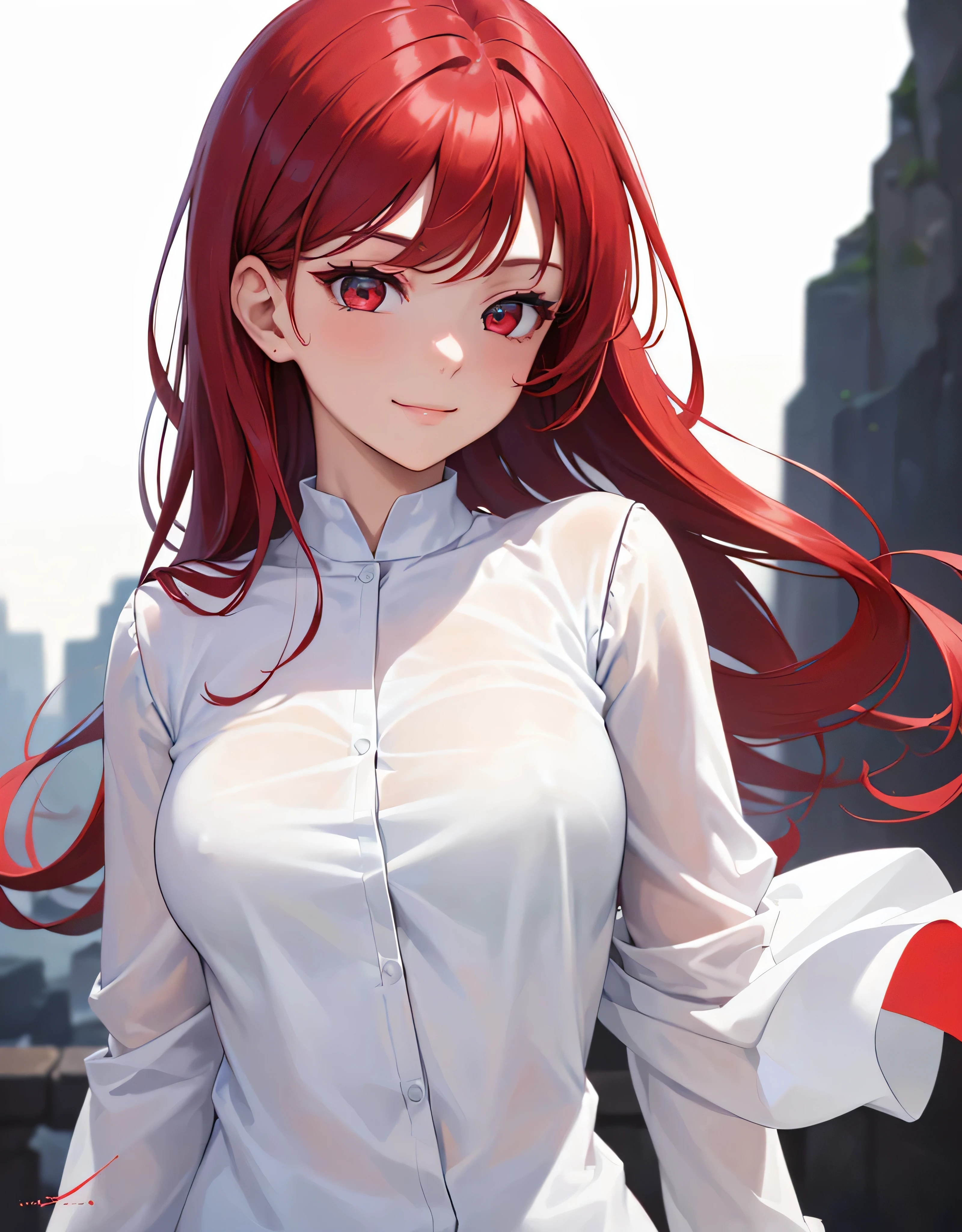 masterpiece, best quality, ultra-detailed, beautiful lighting, 1girl, portrait, red hair, red eyes, perfect face, (perfect eyes:1.2), white shirt, calm, closed mouth, smile, breasts, (simple_backround:1.6, white_backround:1.3), pov