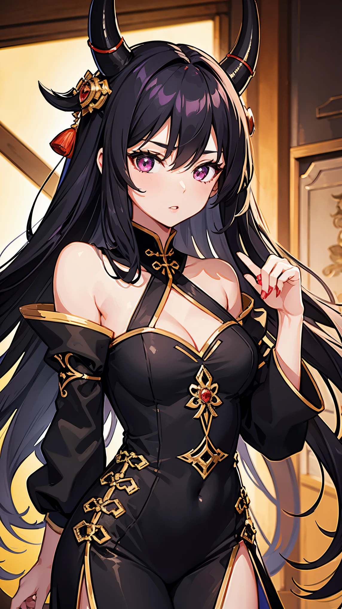 1girl, black chinese dress, chinese style hair, purple hair, 2 horns, red eyes, parted lips, masterpiece, ultra detailed