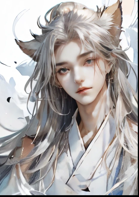 (very delicate and beautiful:1.2), 8K, (master piece, Highest:1.0), , (length_Silver_hair_male:1.5), Upper body, long_白いhairのmale性, Cool and seductive, evil_sight, Wearing white han clothes, and intricate details, and intricate details, fine eyes and detailed face, perfect eyes, Equal eyes, Fantastic Light and Shadow、white room background、 Uses backlight and rim light , Fox-like ears, 20th generation , neutral facial features
