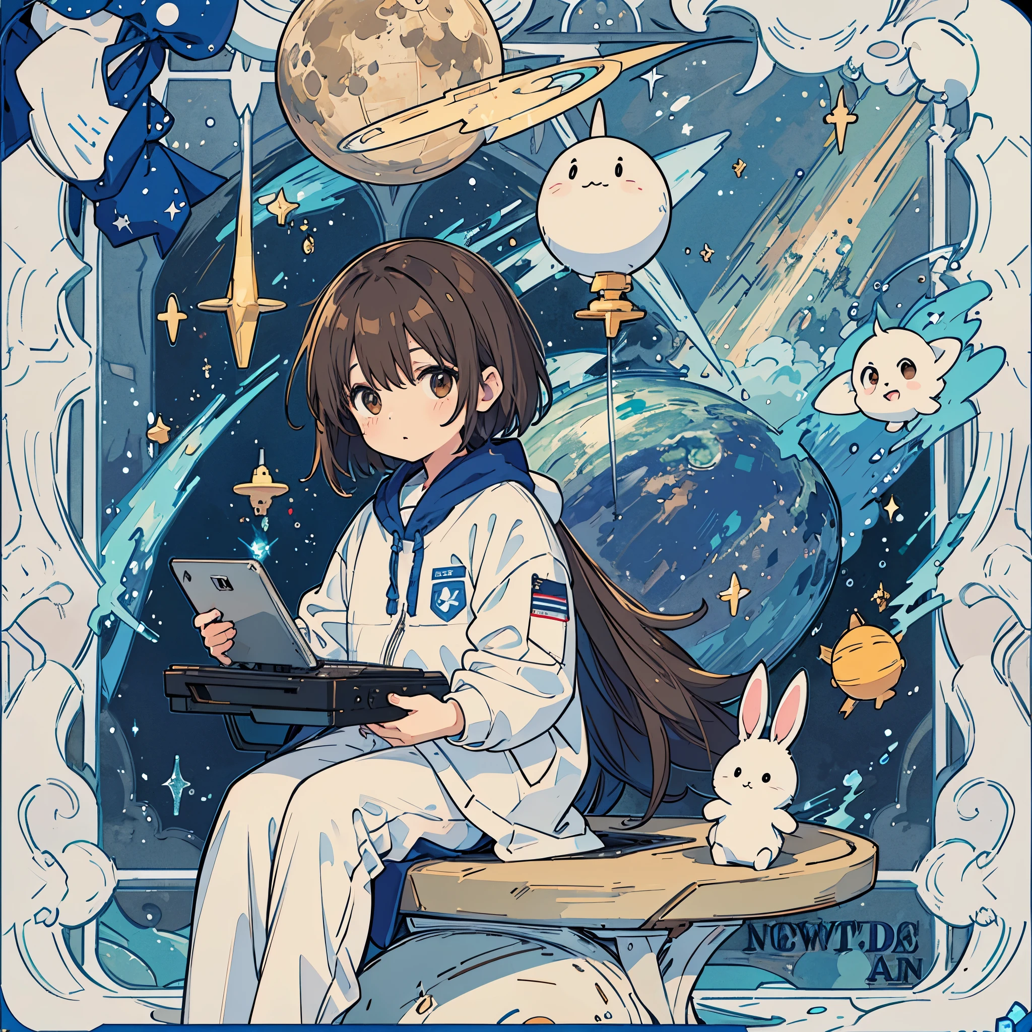 A 5-year-old brown-haired boy wearing white pajamas is programming using a computer. Stuffed rabbit, space, planets, moon, stars, Milky Way, shooting stars,