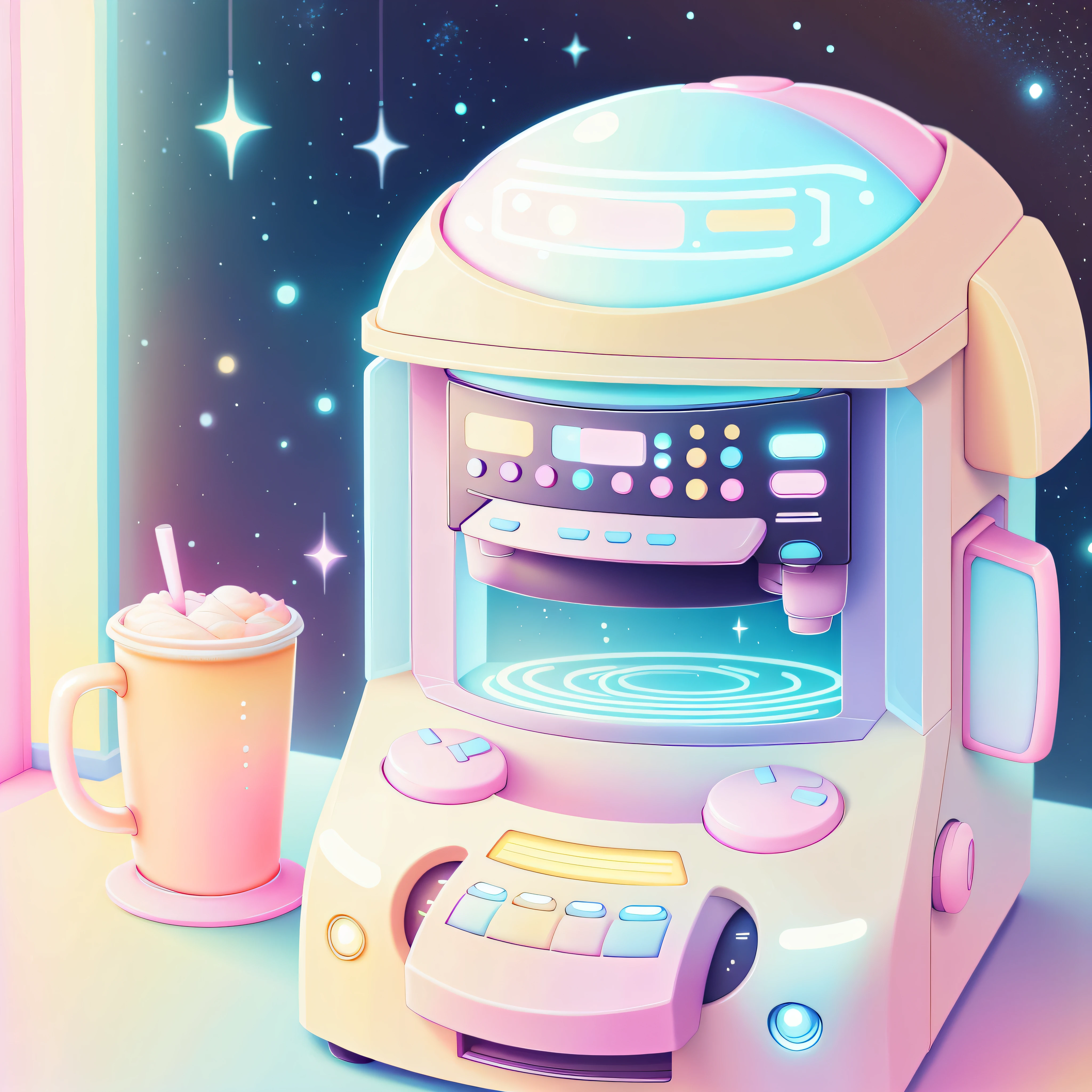 kawaiitech,color pastel, kawaii, Colores lindos ,Science fiction,
maquina de cafe , taza ,