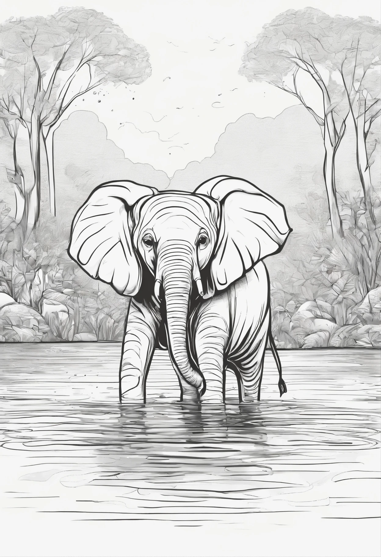 Cute baby elephant splashing happily in a sparkling river with trees in the background.
high quality. line art