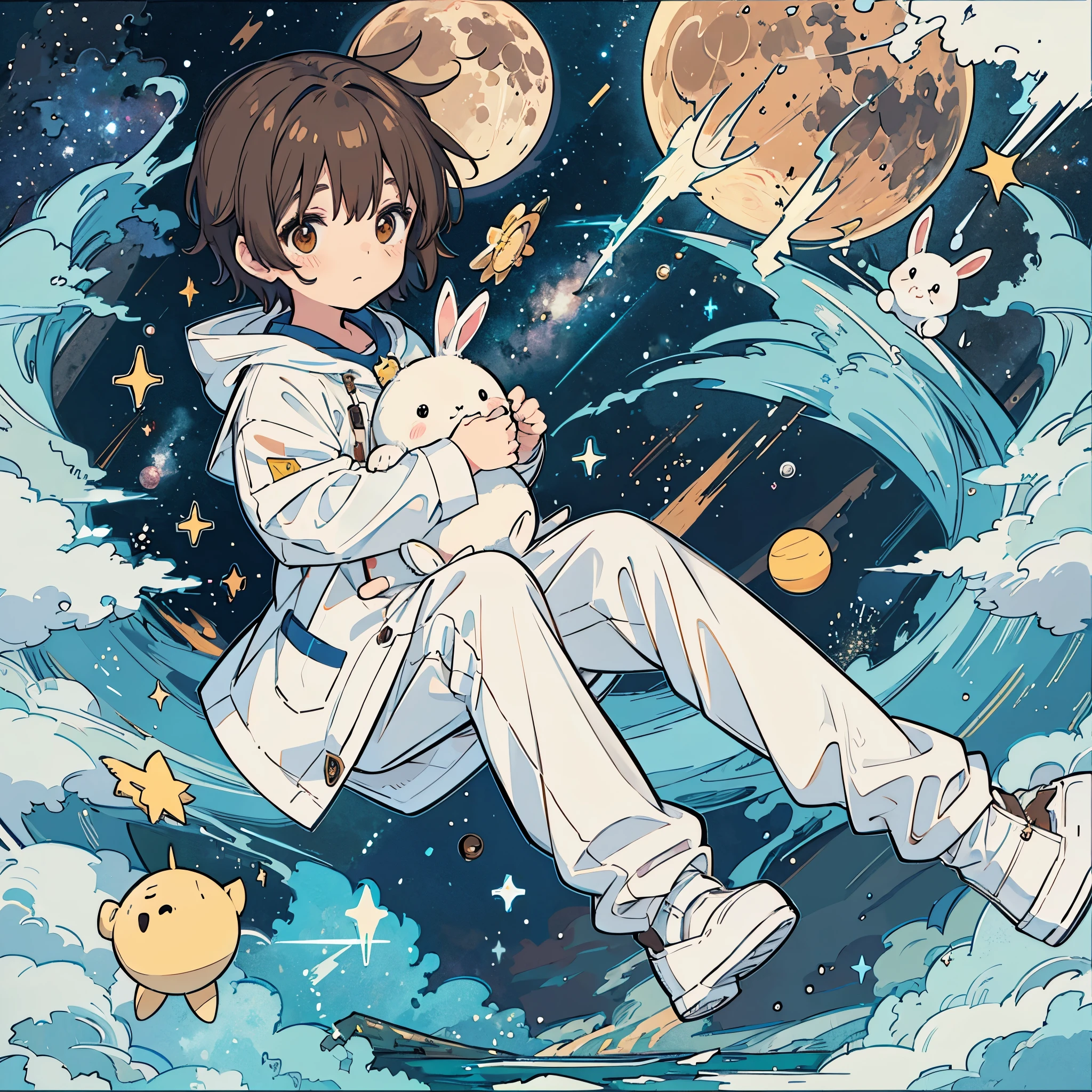 A 5-year-old brown-haired boy wearing white pajamas. Stuffed rabbit, space, planets, moon, stars, Milky Way, shooting stars,
