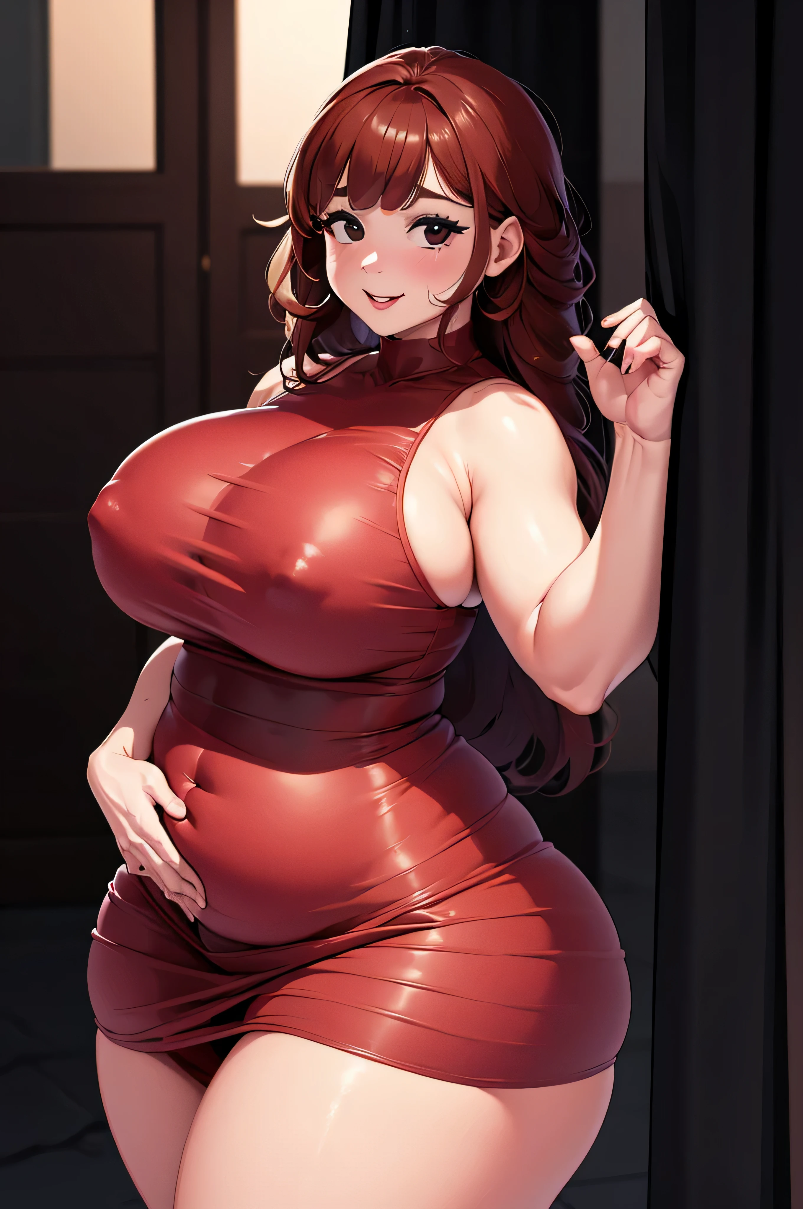 altamente detalhado, alta qualidade, obra de arte, Lindo, Namorada, 1 garota, Sozinho, tiro de vaqueiro, Sorriso leve, vestido vermelho, standing, containment, microfone, containment microfone, Curved, muito gorda, quadris largos, enorme, coxas grossas e macias, muito gordo flabby arms, Realistic lighting, alto detalhe, Rosto detalhado, sombreamento realista, rolos de gordura, tamanho enorme, seios gigantescos e enormes transbordando de gordura, decote enorme, pesado, mais tamanho, everything is fat, textura macia, lindos olhos grandes, semi-realista, dynamic angle, pattern clothes, muito gorda, SSBBW, fat arms, very fat