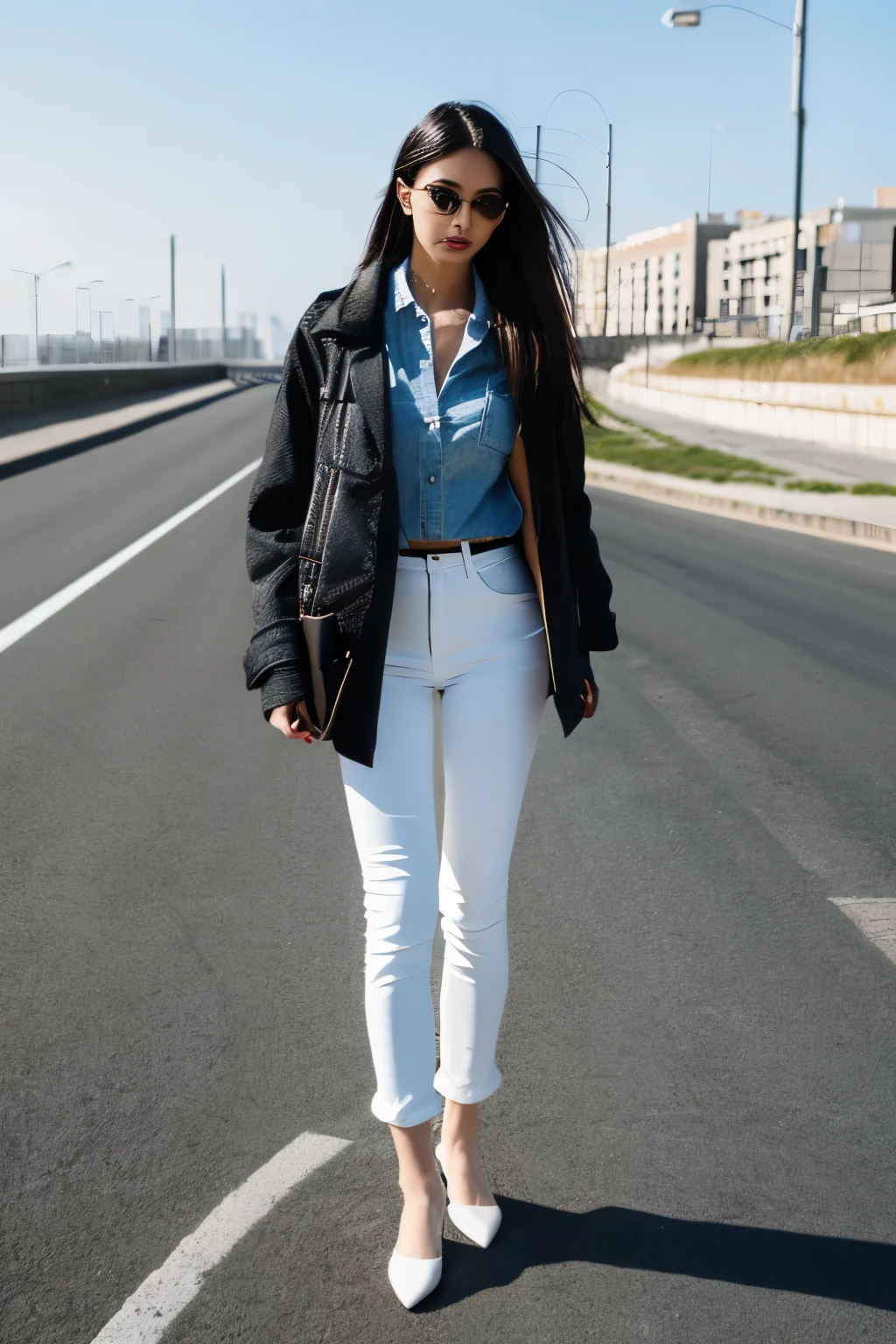 good figure,Sexy,Wear an unbuttoned shirt,full body figure,perfect body,white long hair,Sexy,young woman,long legs,denim pants,slim、slender,full body photo,on the road,khd,4K,the lines are perfect,professional photography: high fashion,Unreal Dreams Amazing Photos,sharp and fine, details are subtle, light and shadow intertwine,freedom of territory,winter jacket