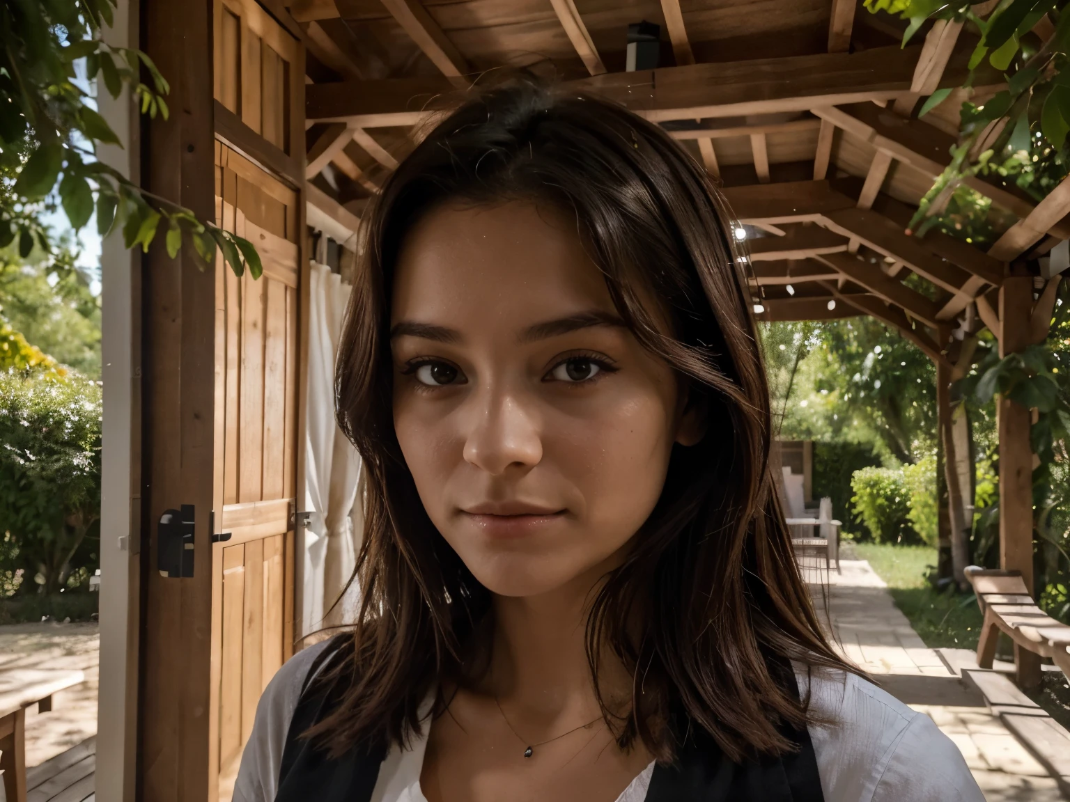 une jeune Colombienne de 25 ans avec de longs cheveux noirs, un seul tâche de naissance noir et des yeux marrons frappants. Elle devrait avoir une expression naturelle et accessible et être éclairée par une lumière douce de fin de journée. L'arrière-plan devrait être un cadre extérieur pittoresque, peut-être un parc ensoleillé ou une plage. Capturez cette image avec une photographie haute résolution en utilisant une lentille de 85 mm pour une perspective flatteuse